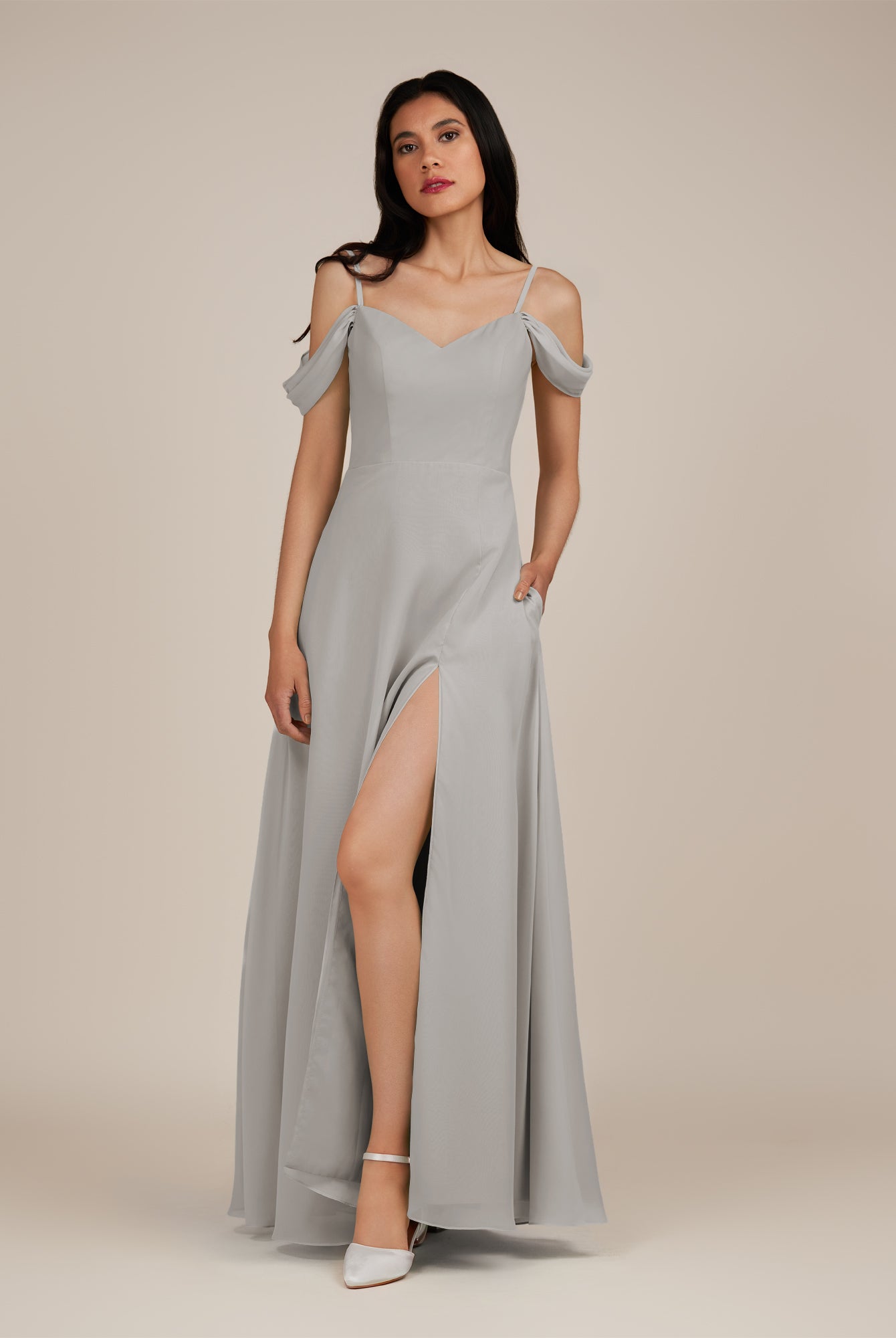 KissDress-Agate Silver A Line Chiffon Off the Shoulder Long Bridesmaid Dress
