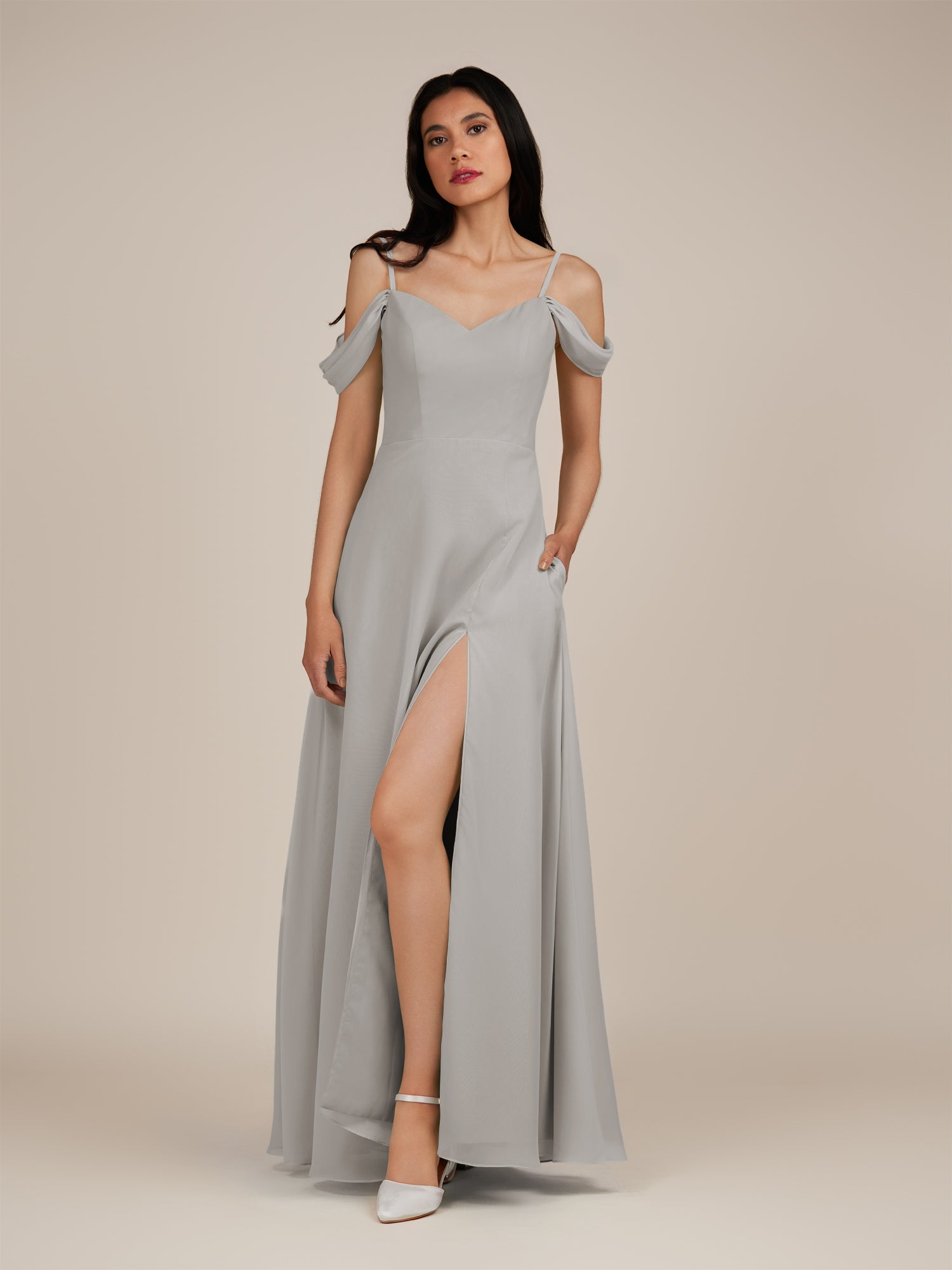 KissDress-Agate Silver A Line Chiffon Off the Shoulder Long Bridesmaid Dress