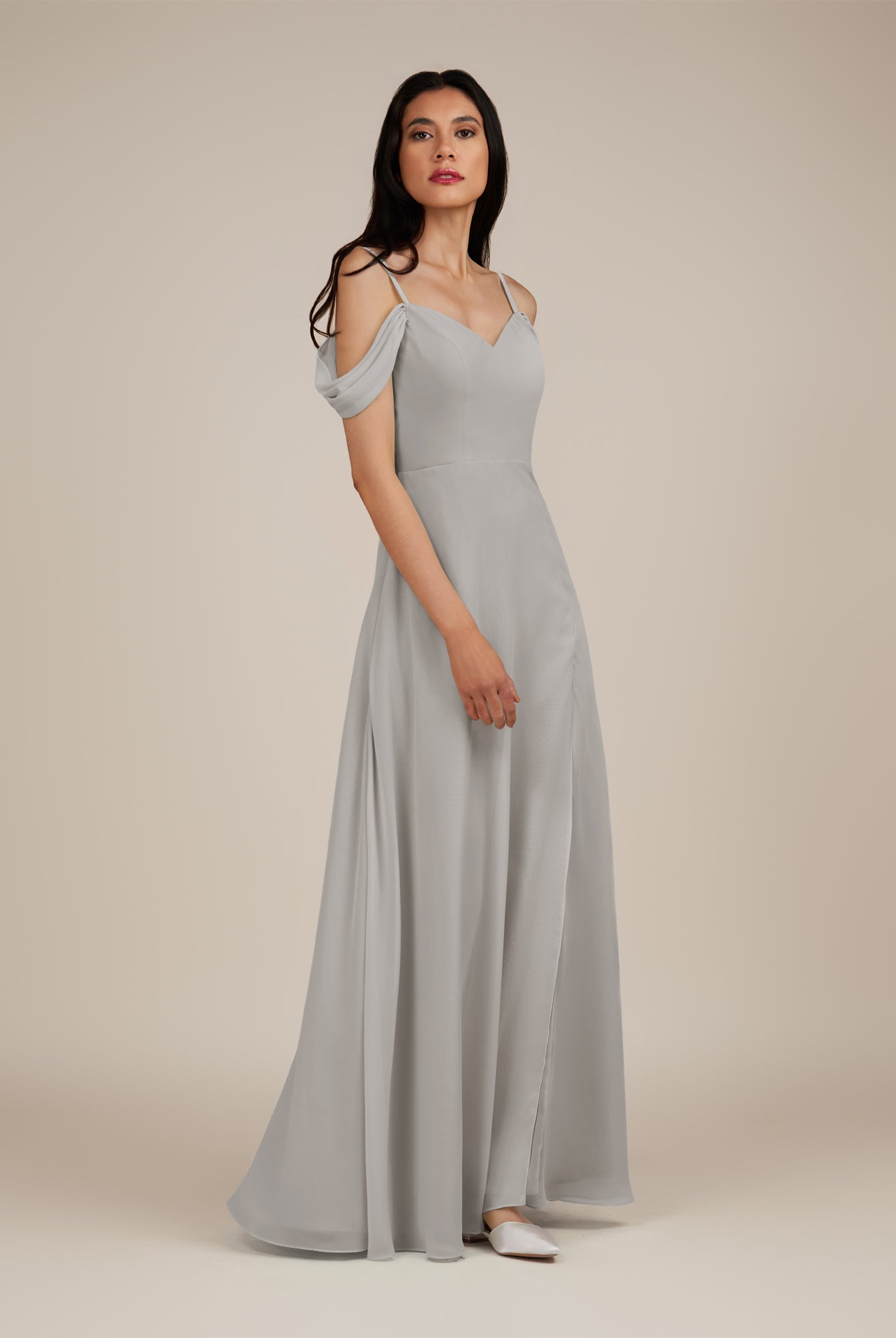 KissDress-Agate Silver A Line Chiffon Off the Shoulder Long Bridesmaid Dress