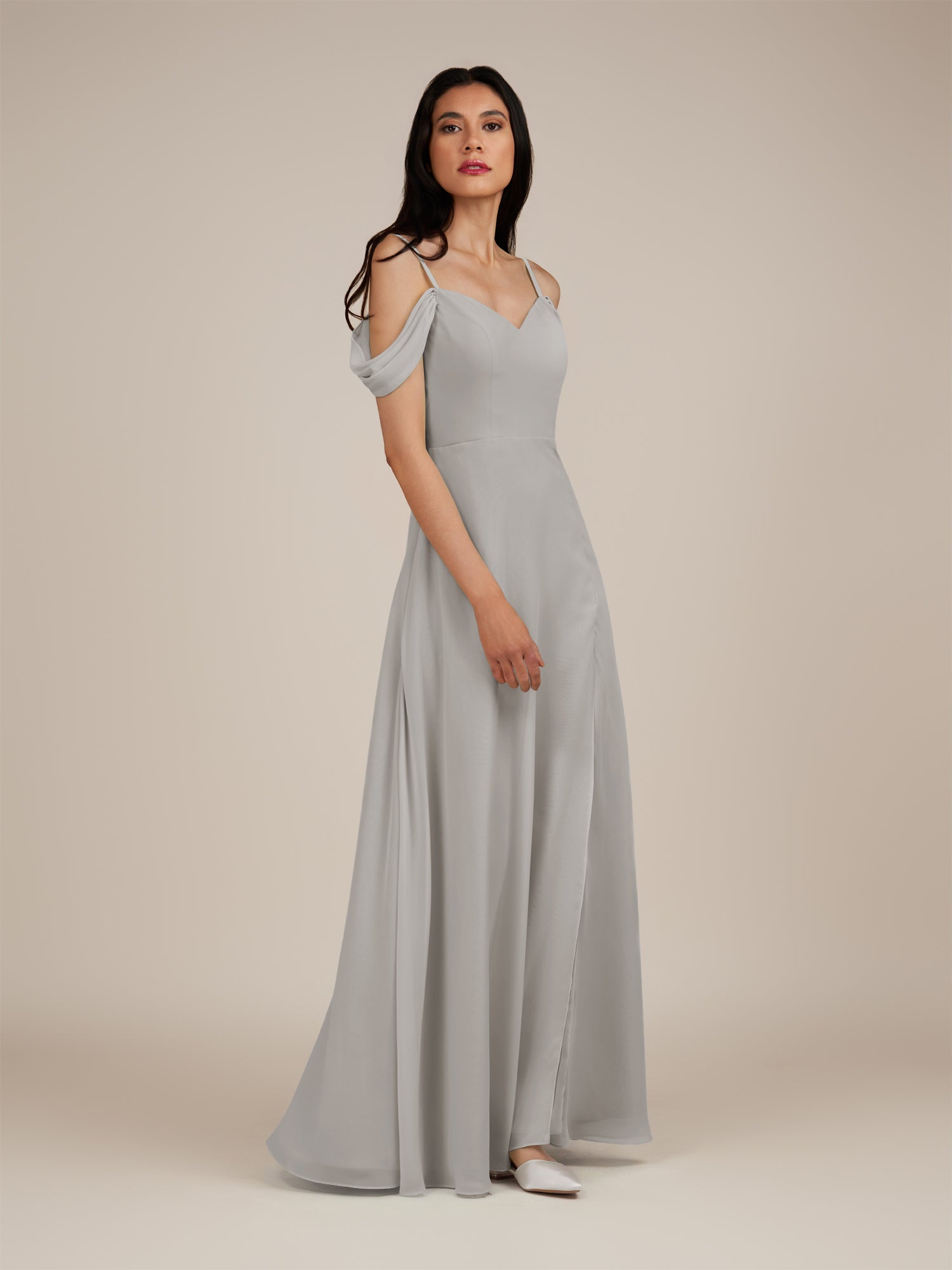 KissDress-Agate Silver A Line Chiffon Off the Shoulder Long Bridesmaid Dress