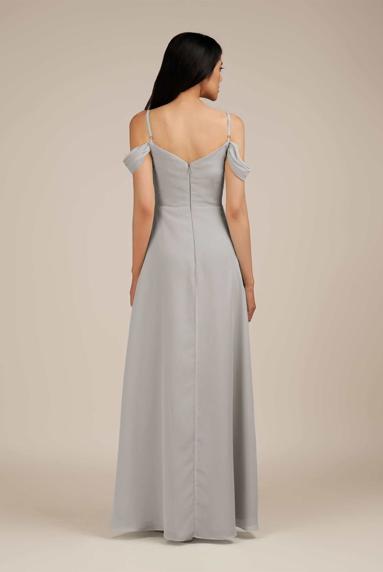 KissDress-Agate Silver A Line Chiffon Off the Shoulder Long Bridesmaid Dress