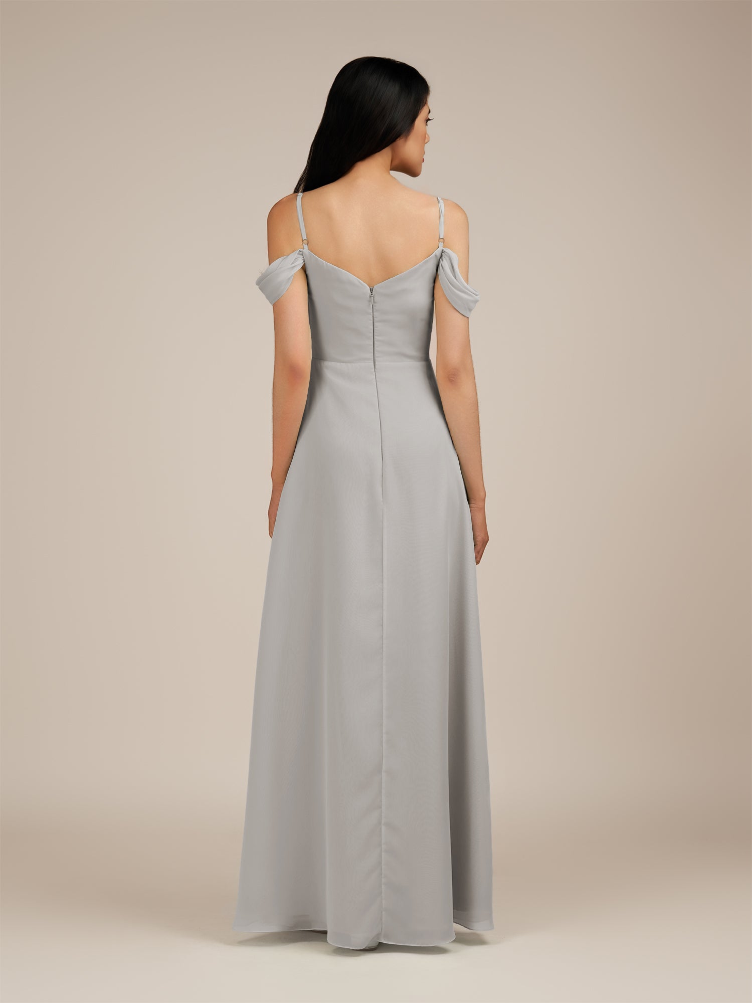 KissDress-Agate Silver A Line Chiffon Off the Shoulder Long Bridesmaid Dress