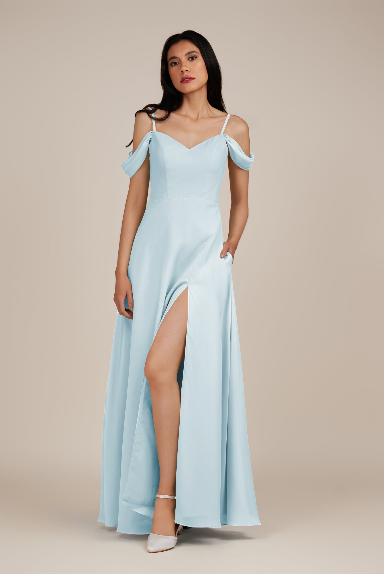 KissDress-Agate Sky Blue A Line Chiffon Off the Shoulder Long Bridesmaid Dress
