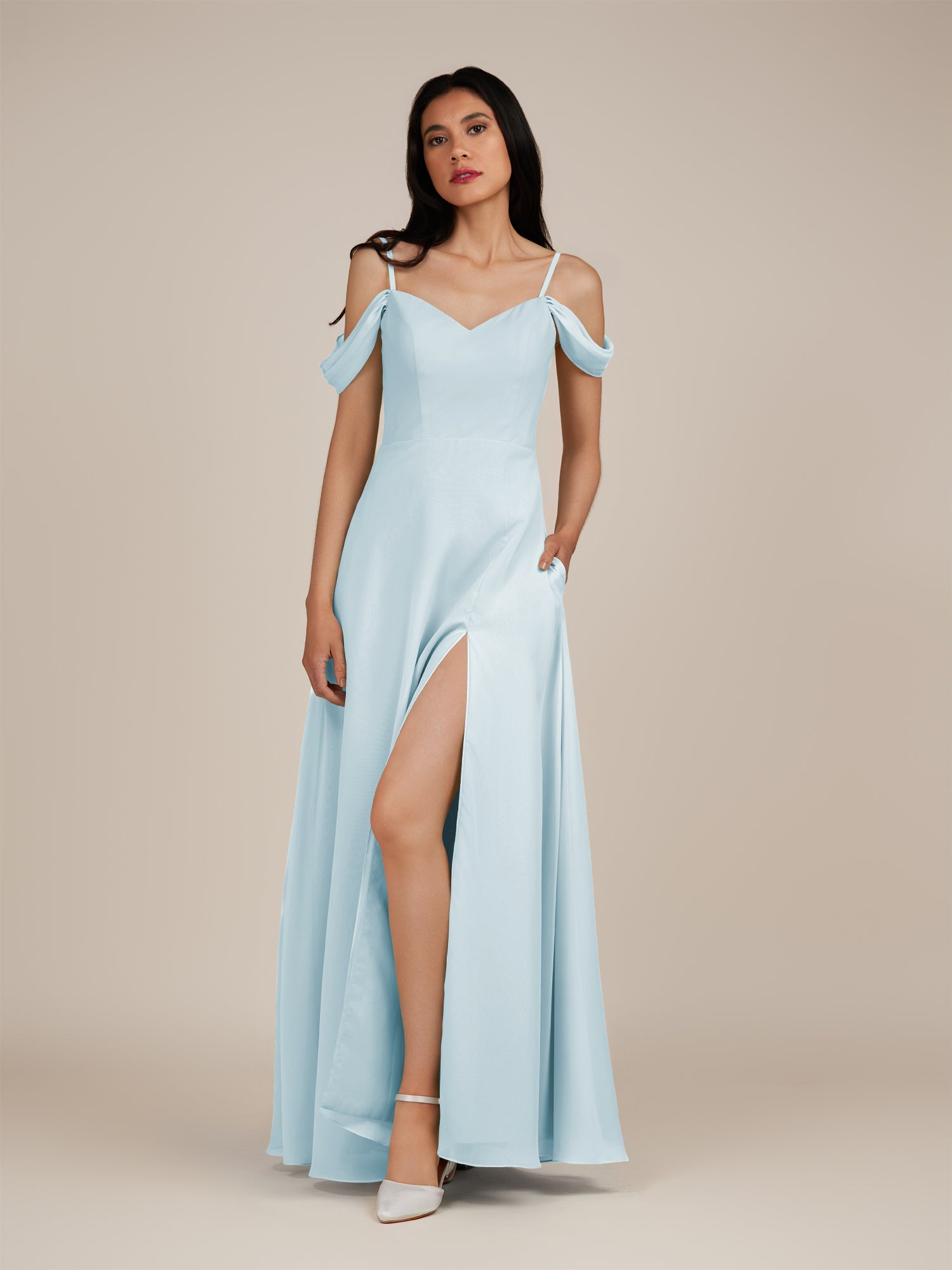 KissDress-Agate Sky Blue A Line Chiffon Off the Shoulder Long Bridesmaid Dress