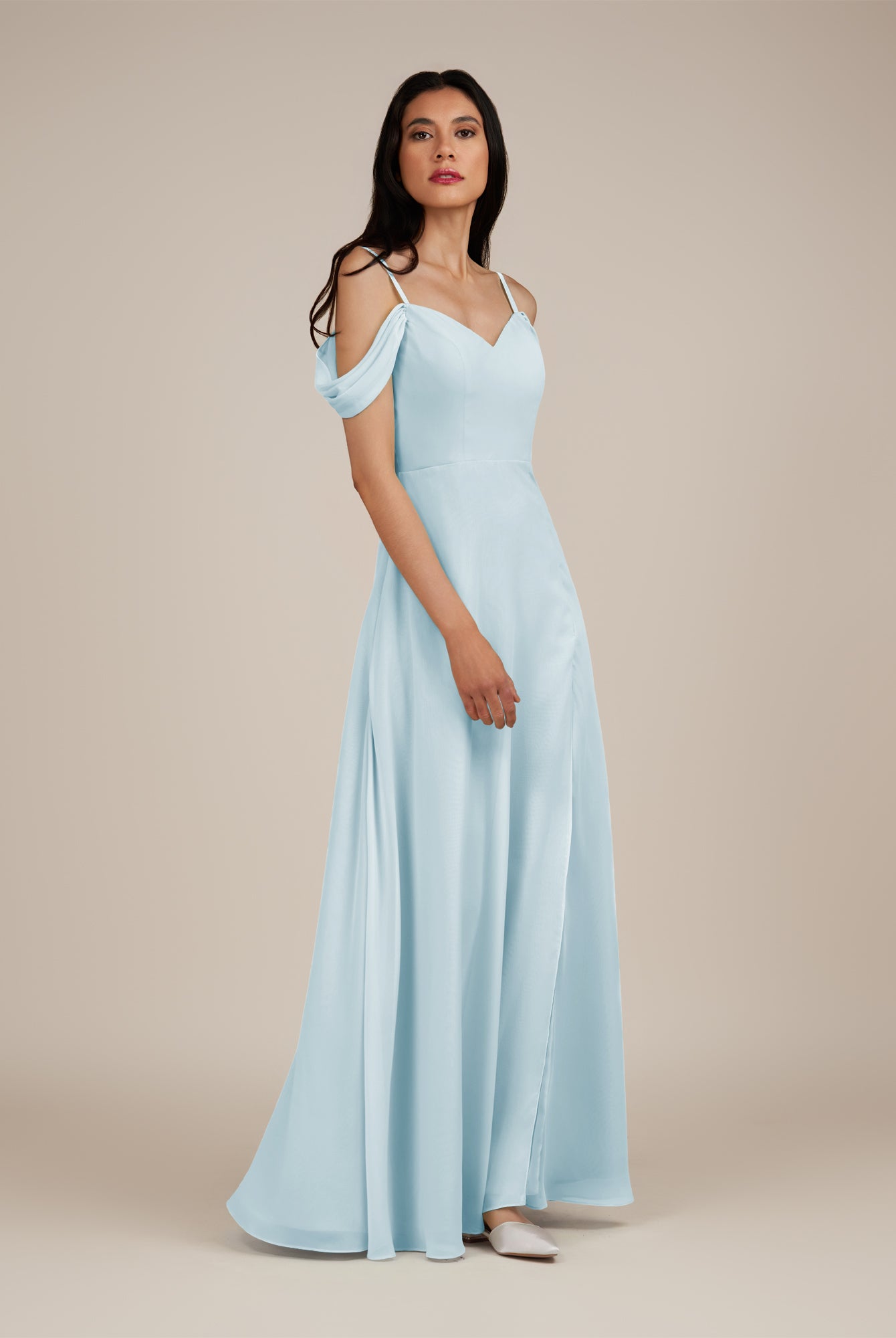 KissDress-Agate Sky Blue A Line Chiffon Off the Shoulder Long Bridesmaid Dress