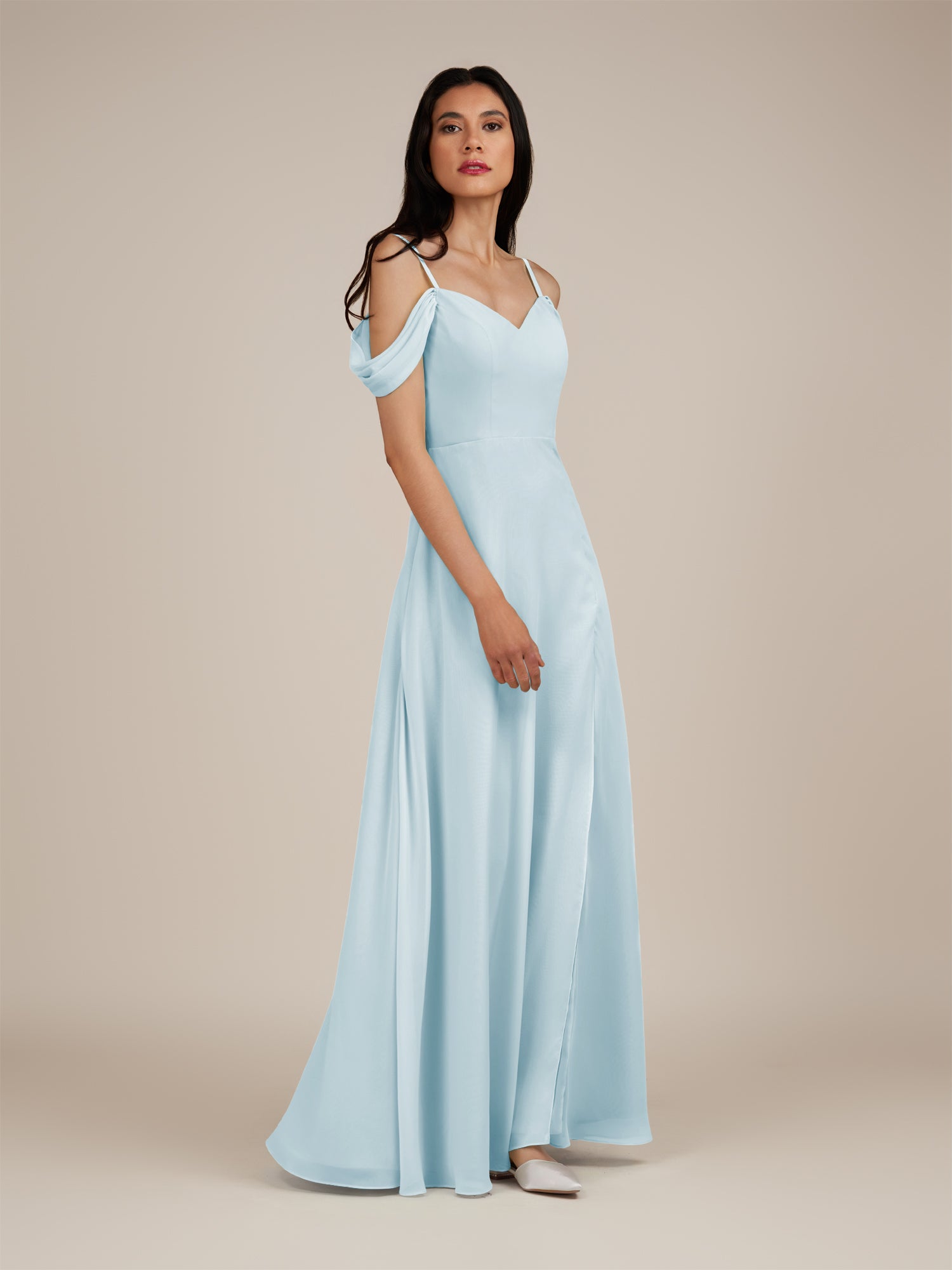 KissDress-Agate Sky Blue A Line Chiffon Off the Shoulder Long Bridesmaid Dress