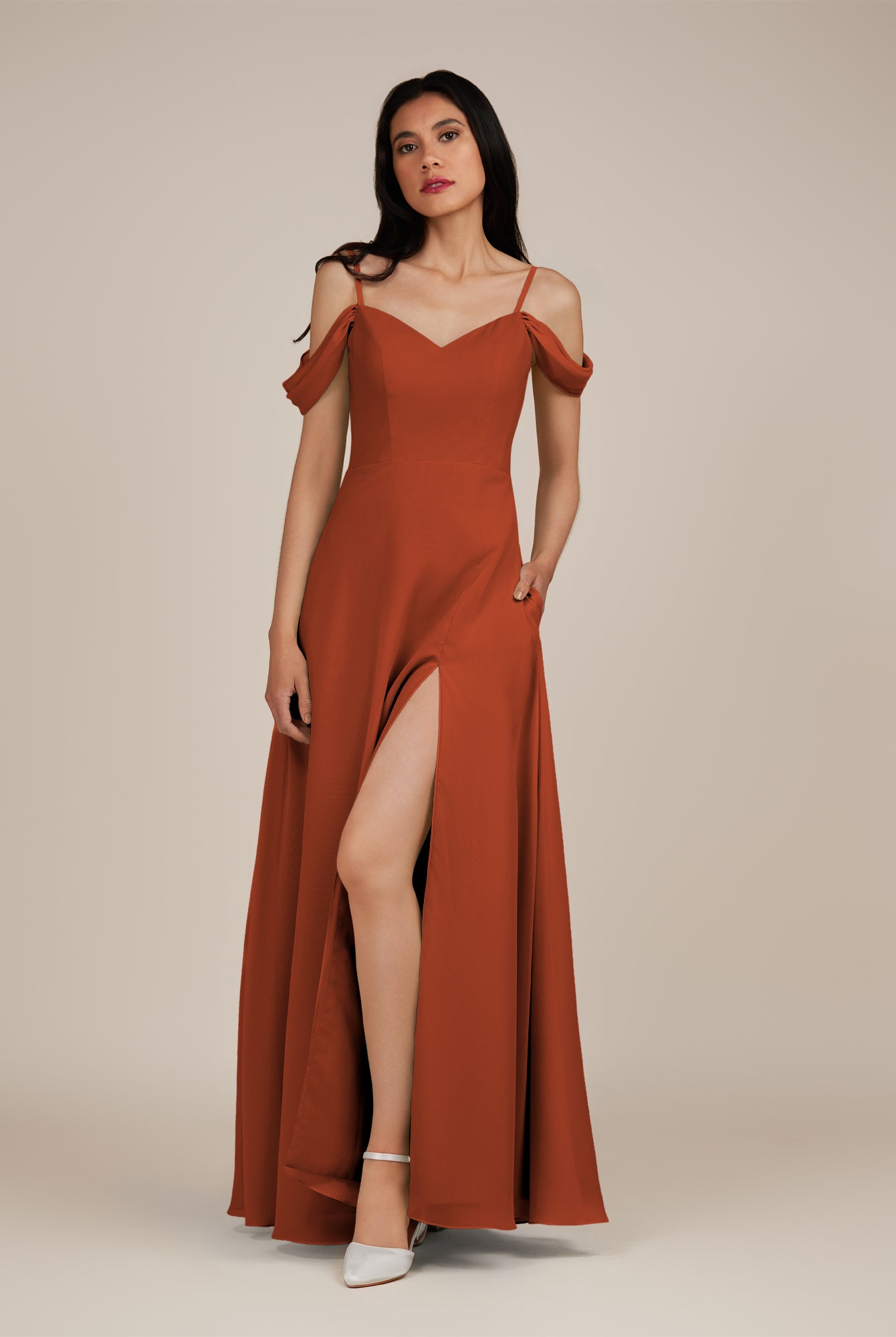 KissDress-Agate Spice A Line Chiffon Off the Shoulder Long Bridesmaid Dress