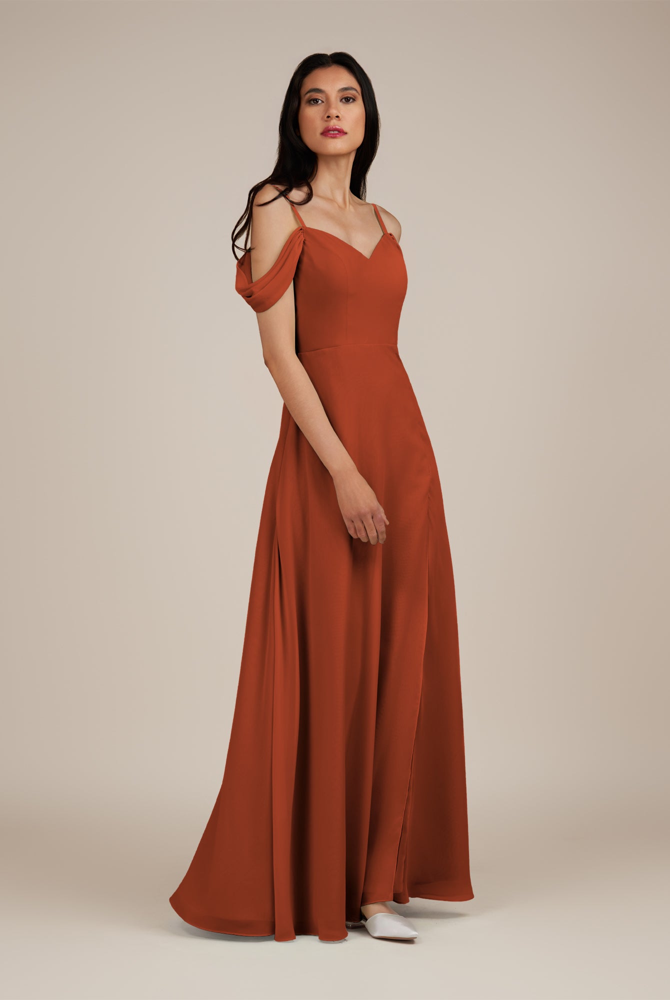 KissDress-Agate Spice A Line Chiffon Off the Shoulder Long Bridesmaid Dress