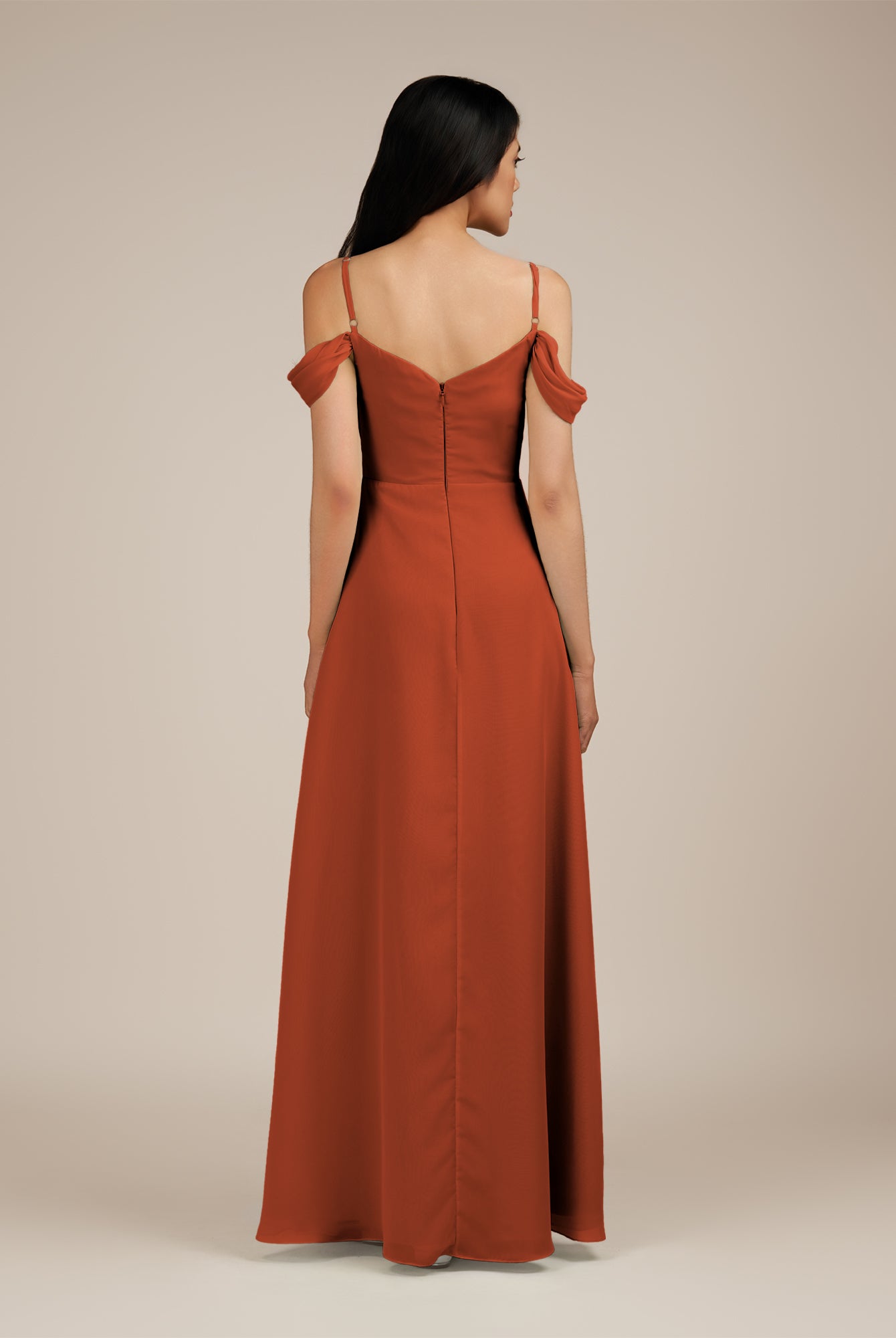 KissDress-Agate Spice A Line Chiffon Off the Shoulder Long Bridesmaid Dress