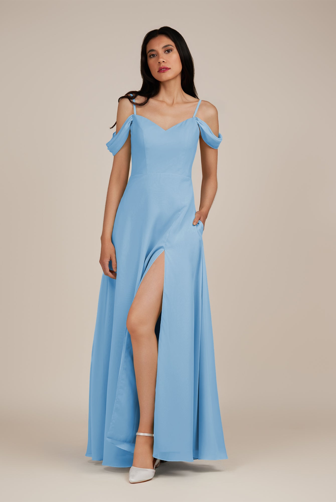 KissDress-Agate Steel Blue A Line Chiffon Off the Shoulder Long Bridesmaid Dress