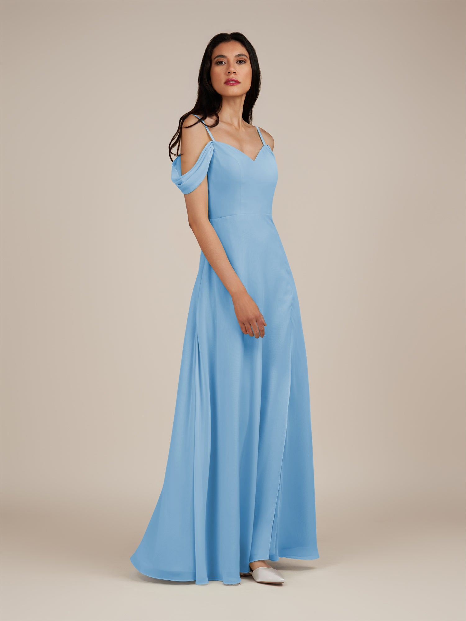 KissDress-Agate Steel Blue A Line Chiffon Off the Shoulder Long Bridesmaid Dress