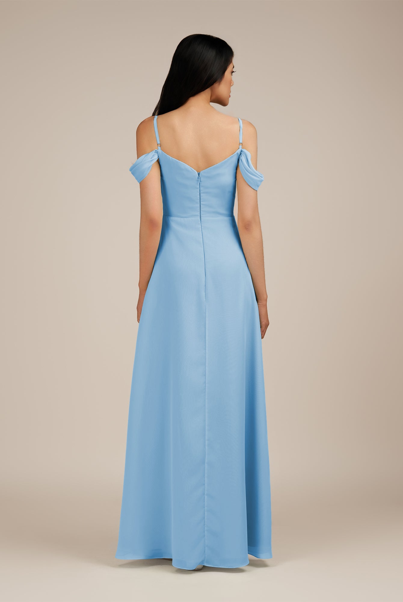 KissDress-Agate Steel Blue A Line Chiffon Off the Shoulder Long Bridesmaid Dress