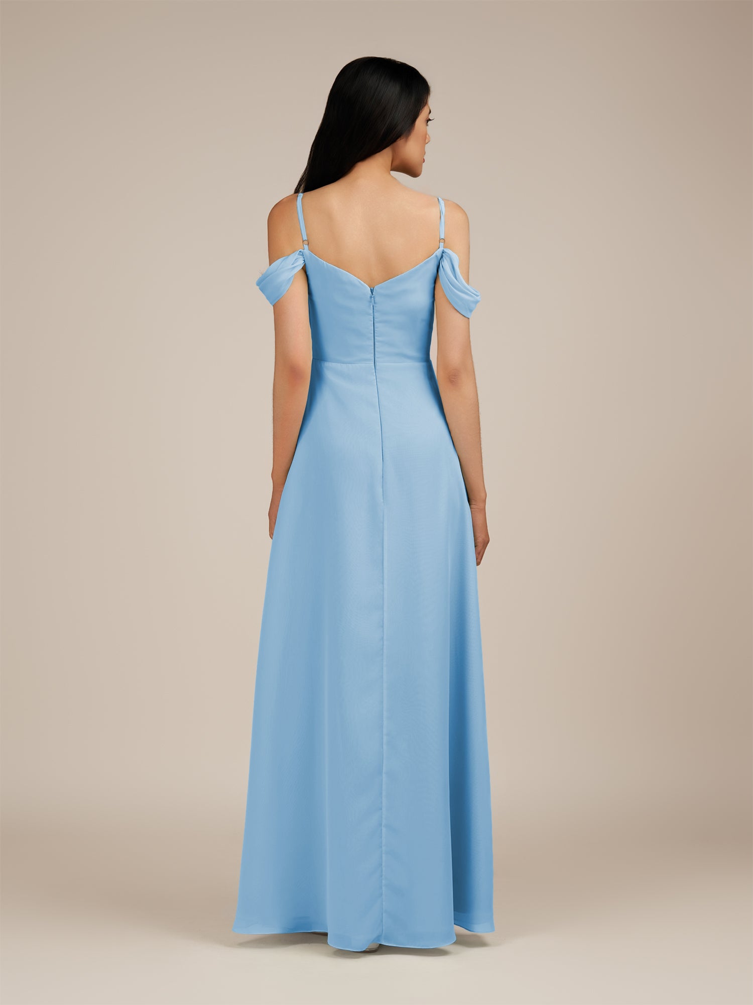 KissDress-Agate Steel Blue A Line Chiffon Off the Shoulder Long Bridesmaid Dress