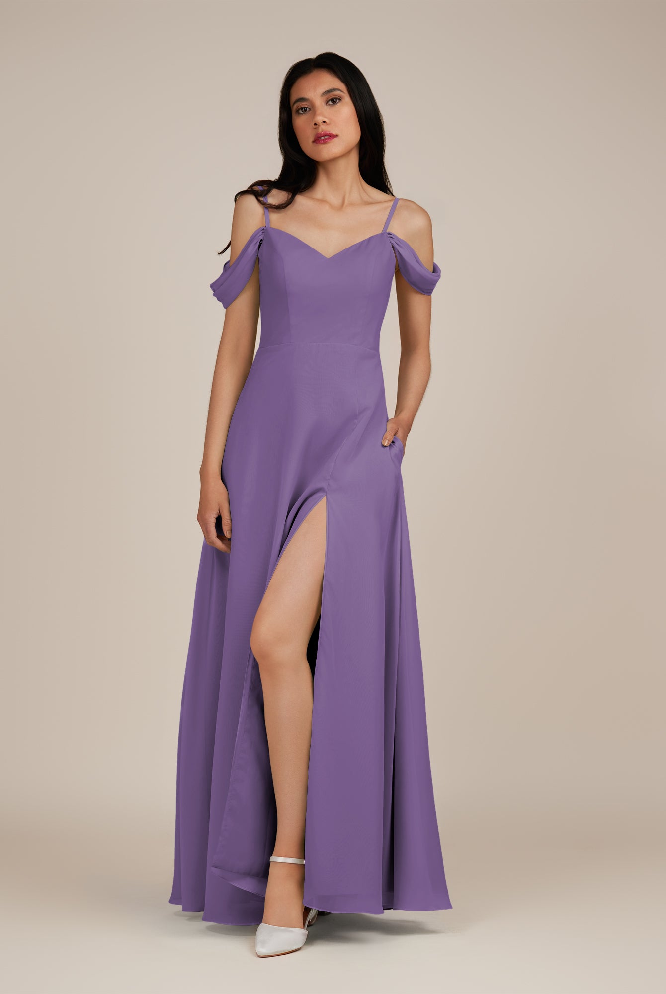 KissDress-Agate Tahiti A Line Chiffon Off the Shoulder Long Bridesmaid Dress