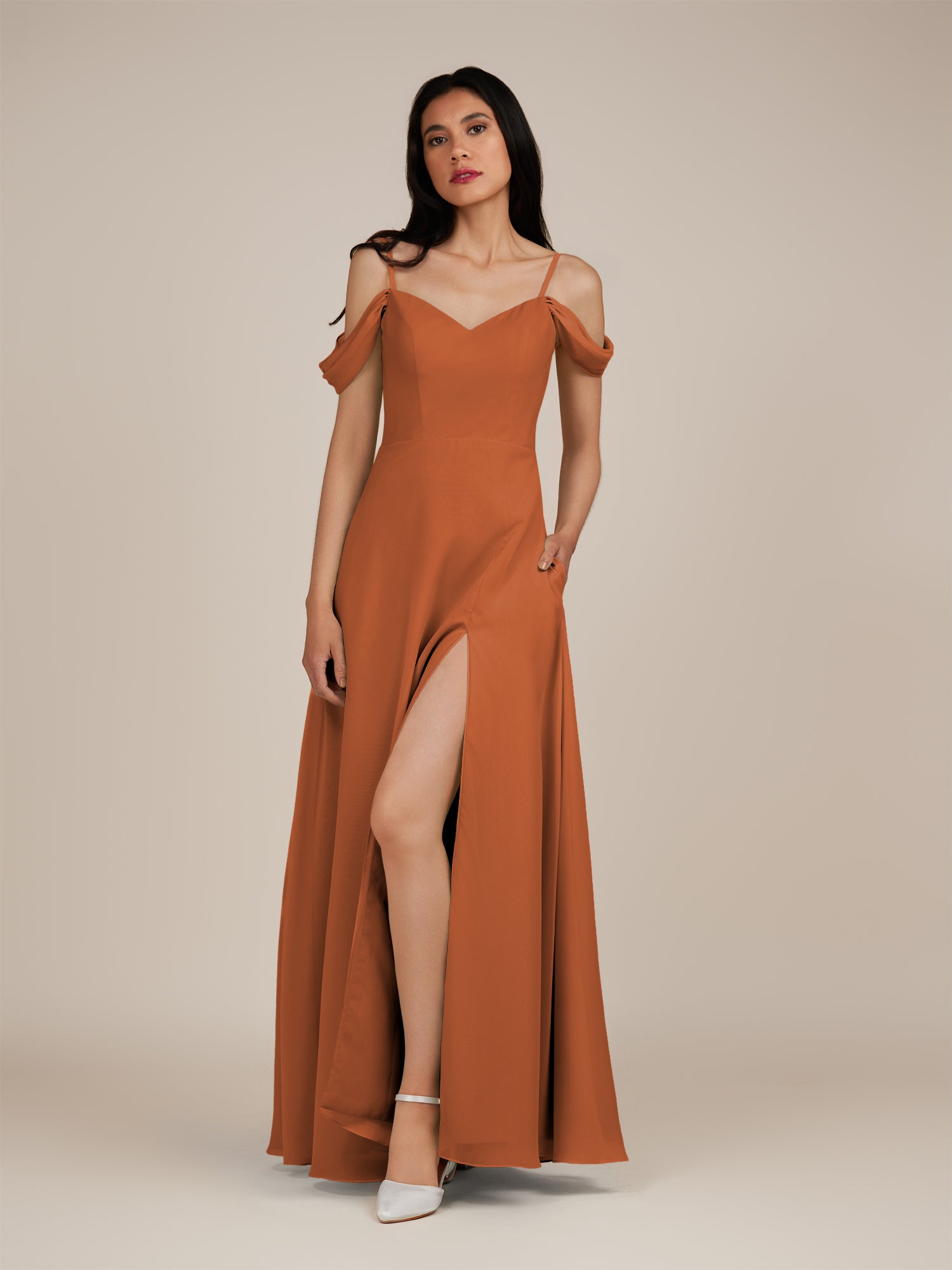 KissDress-Agate Terracotta A Line Chiffon Off the Shoulder Long Bridesmaid Dress