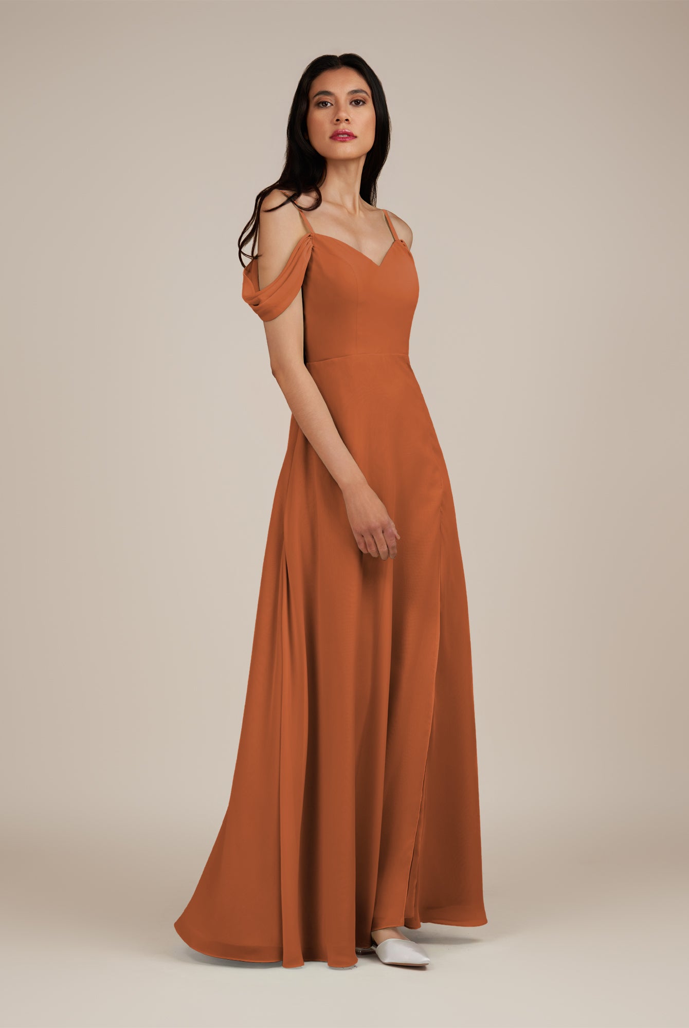 KissDress-Agate Terracotta A Line Chiffon Off the Shoulder Long Bridesmaid Dress