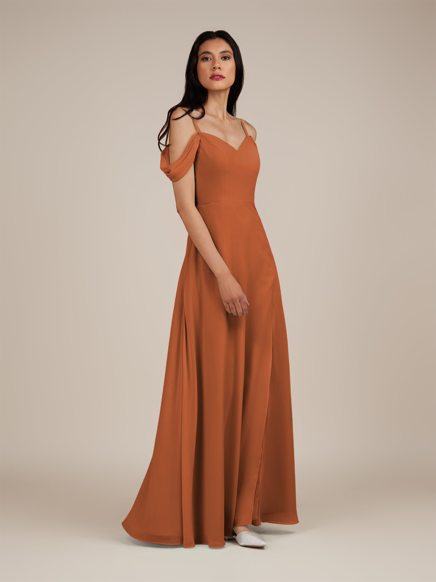 KissDress-Agate Terracotta A Line Chiffon Off the Shoulder Long Bridesmaid Dress