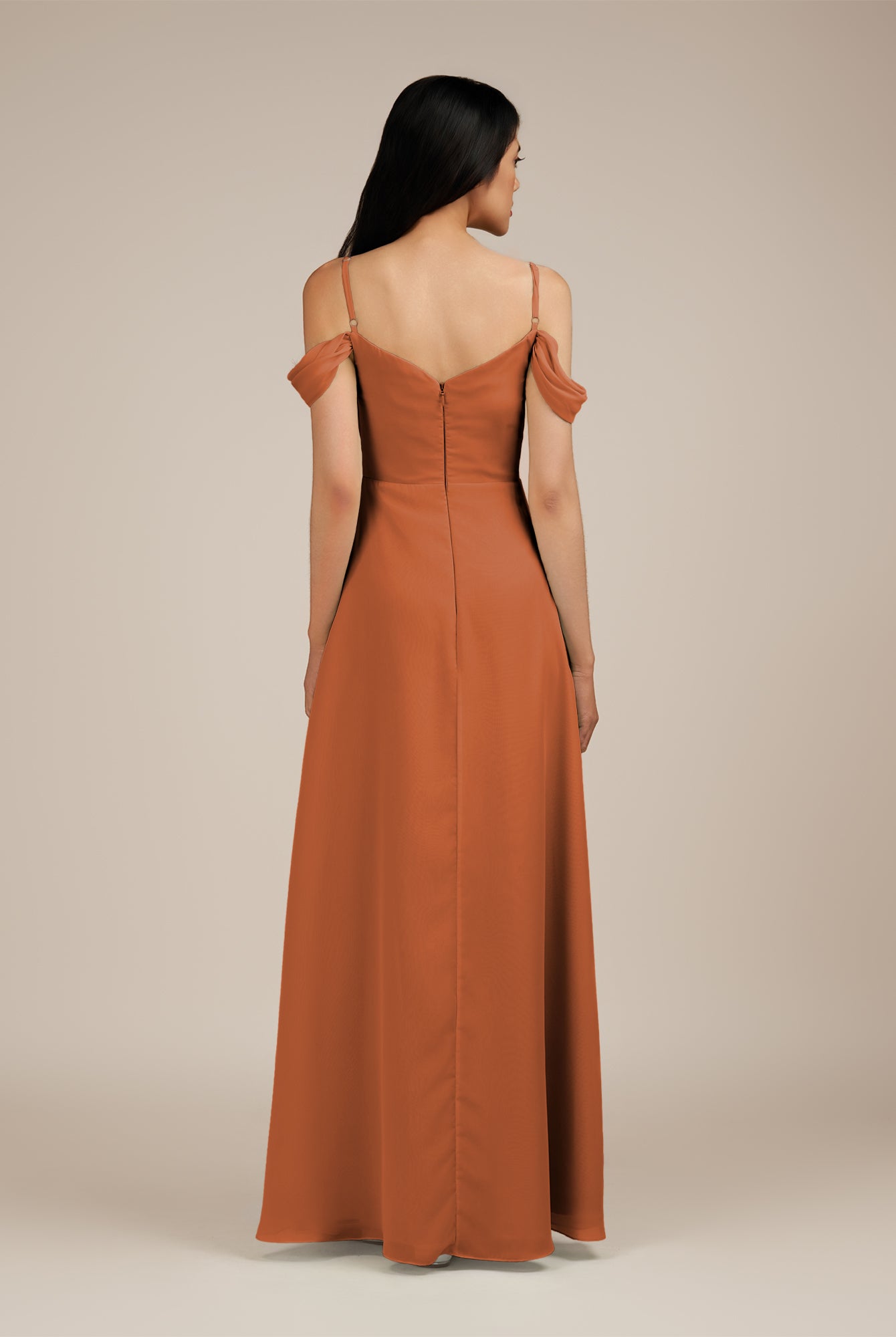 KissDress-Agate Terracotta A Line Chiffon Off the Shoulder Long Bridesmaid Dress