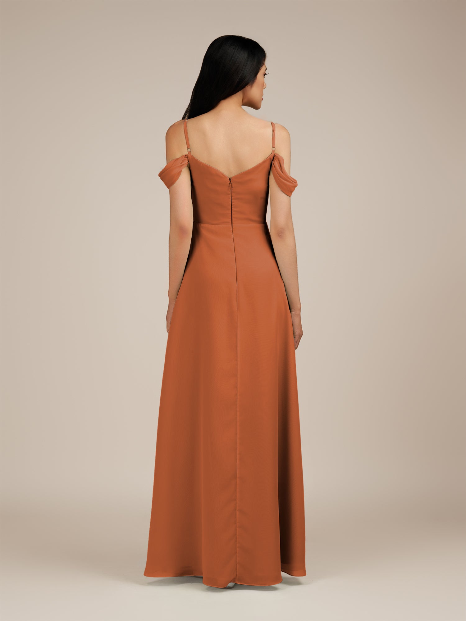 KissDress-Agate Terracotta A Line Chiffon Off the Shoulder Long Bridesmaid Dress