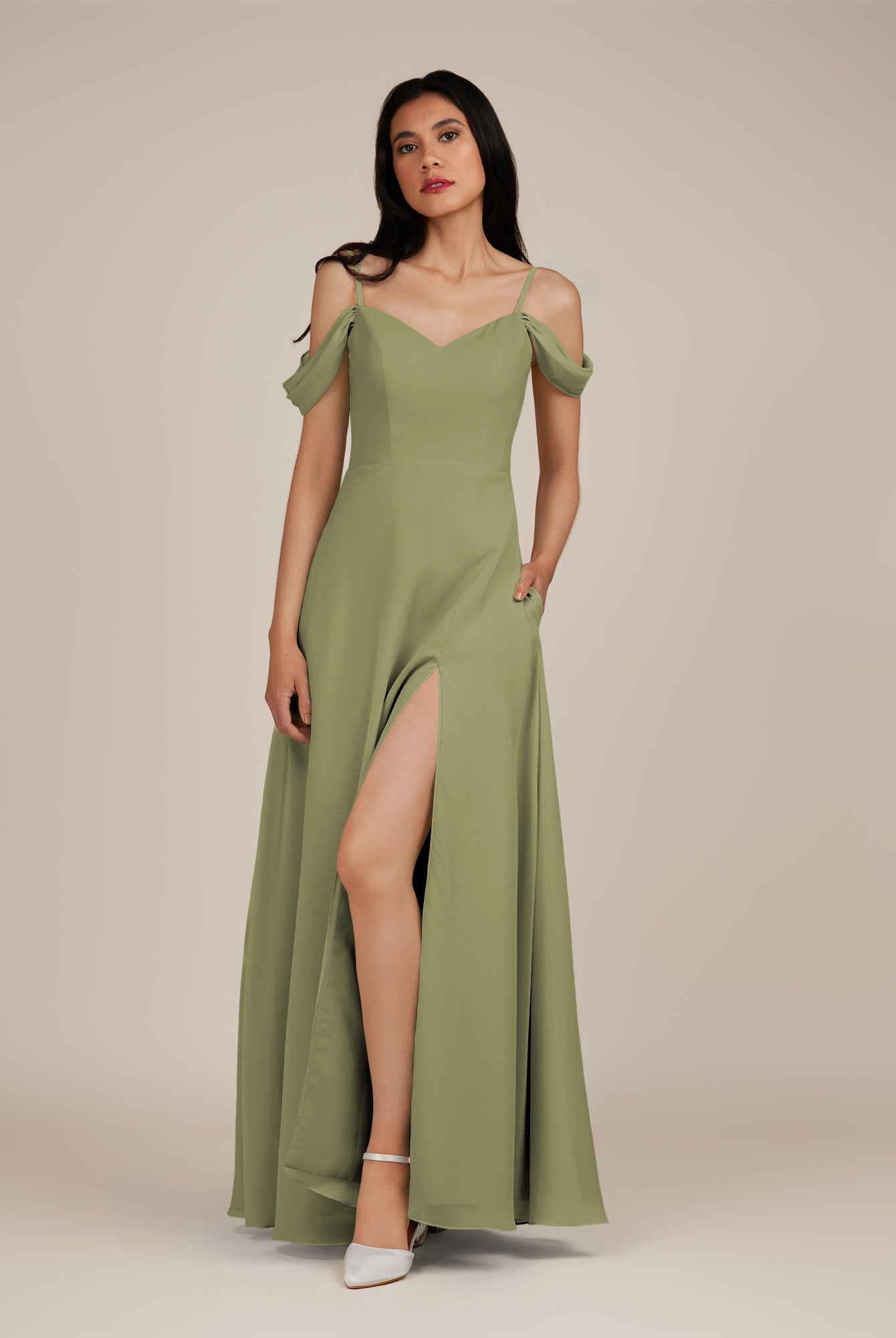 KissDress-Agate Thyme A Line Chiffon Off the Shoulder Long Bridesmaid Dress