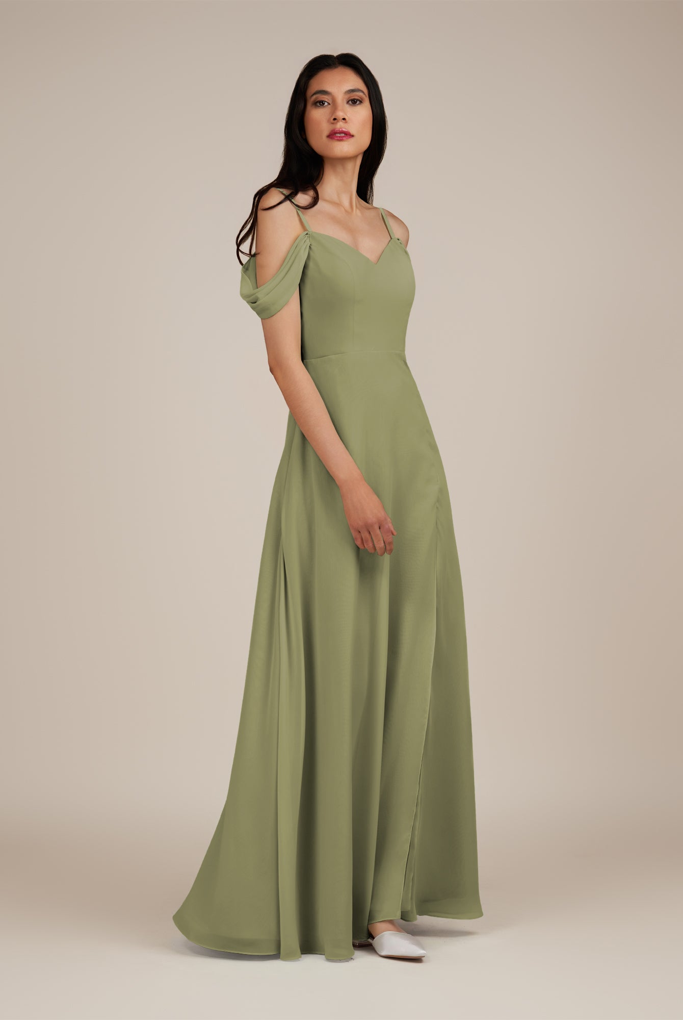 KissDress-Agate Thyme A Line Chiffon Off the Shoulder Long Bridesmaid Dress