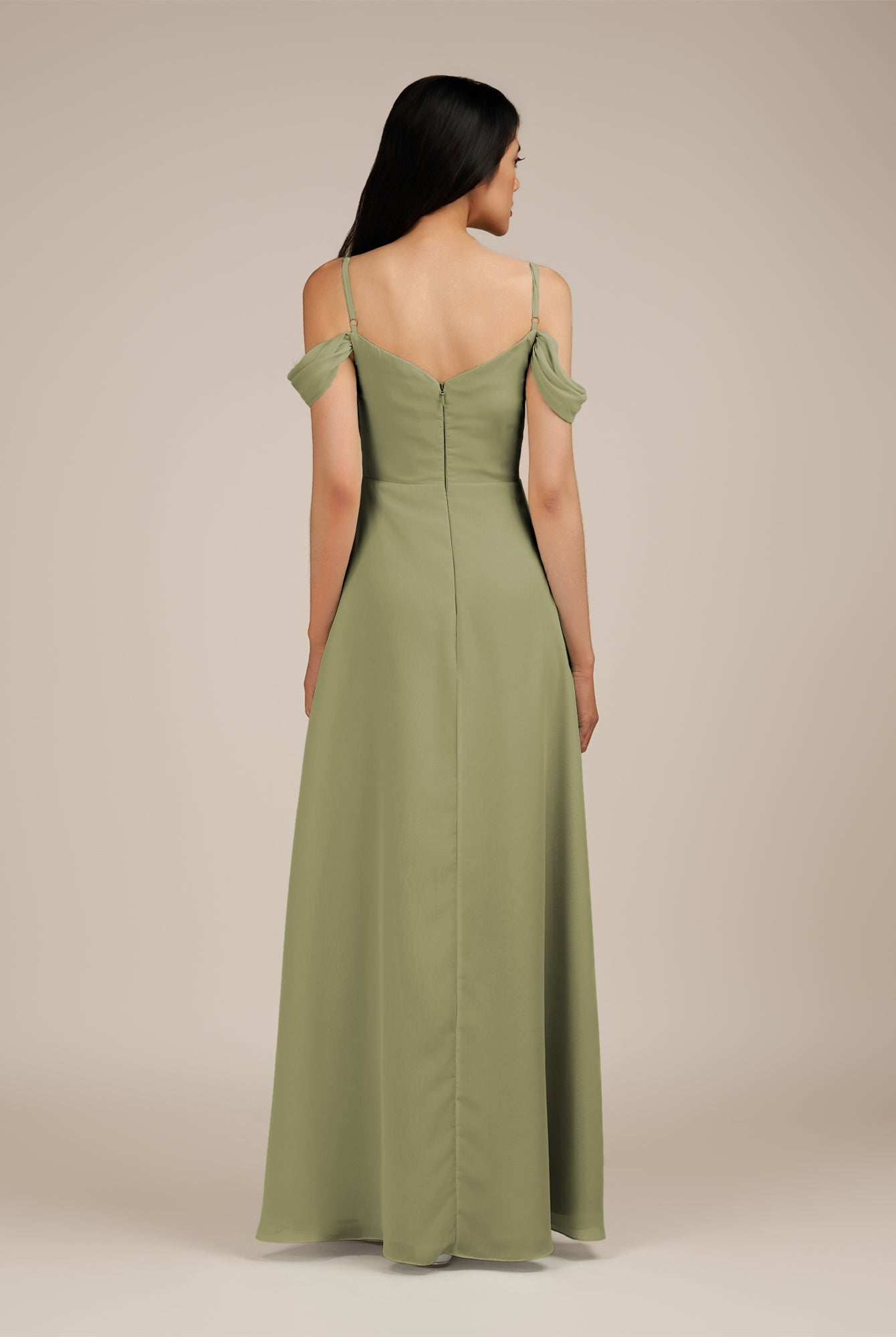 KissDress-Agate Thyme A Line Chiffon Off the Shoulder Long Bridesmaid Dress