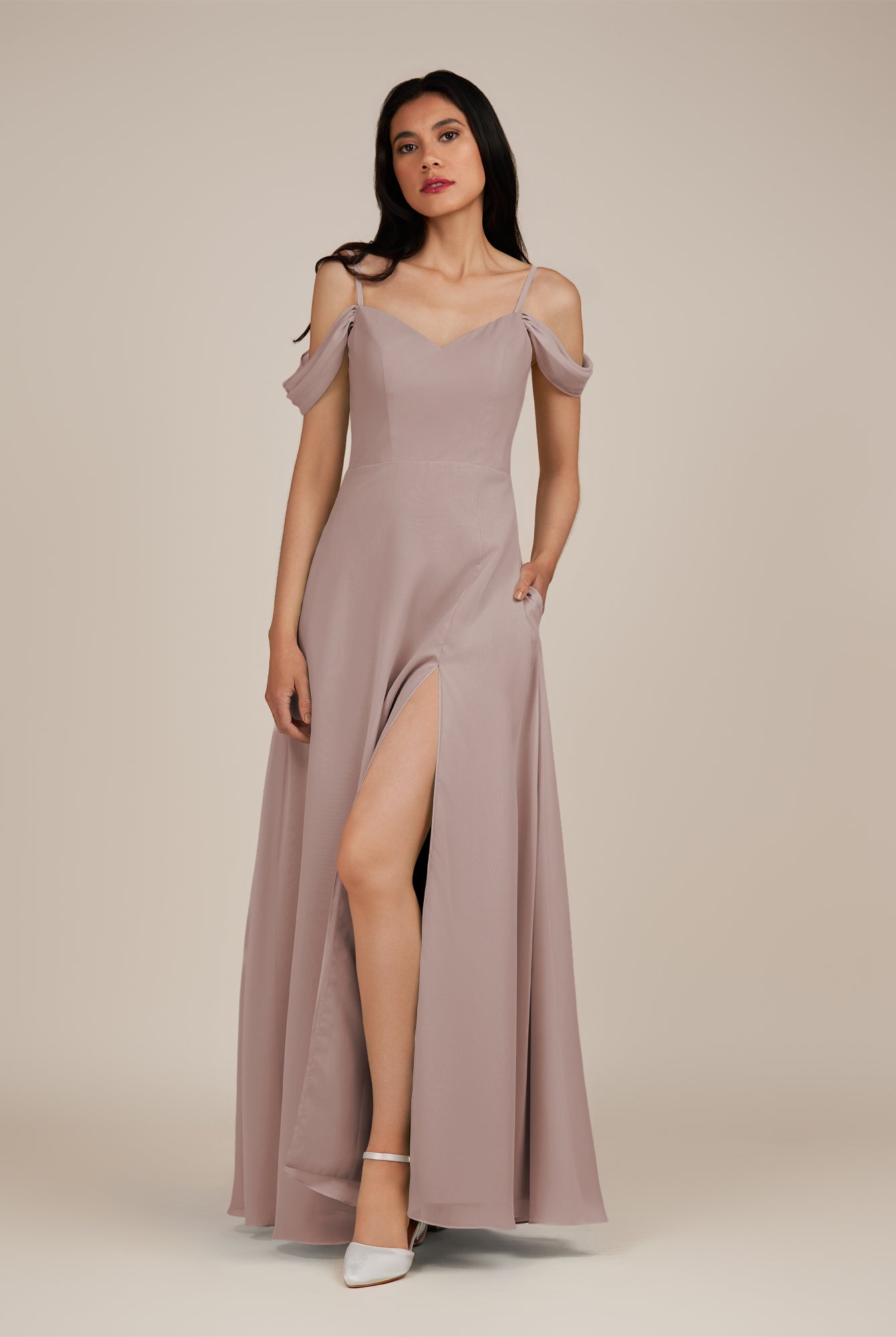 KissDress-Agate Toffee A Line Chiffon Off the Shoulder Long Bridesmaid Dress