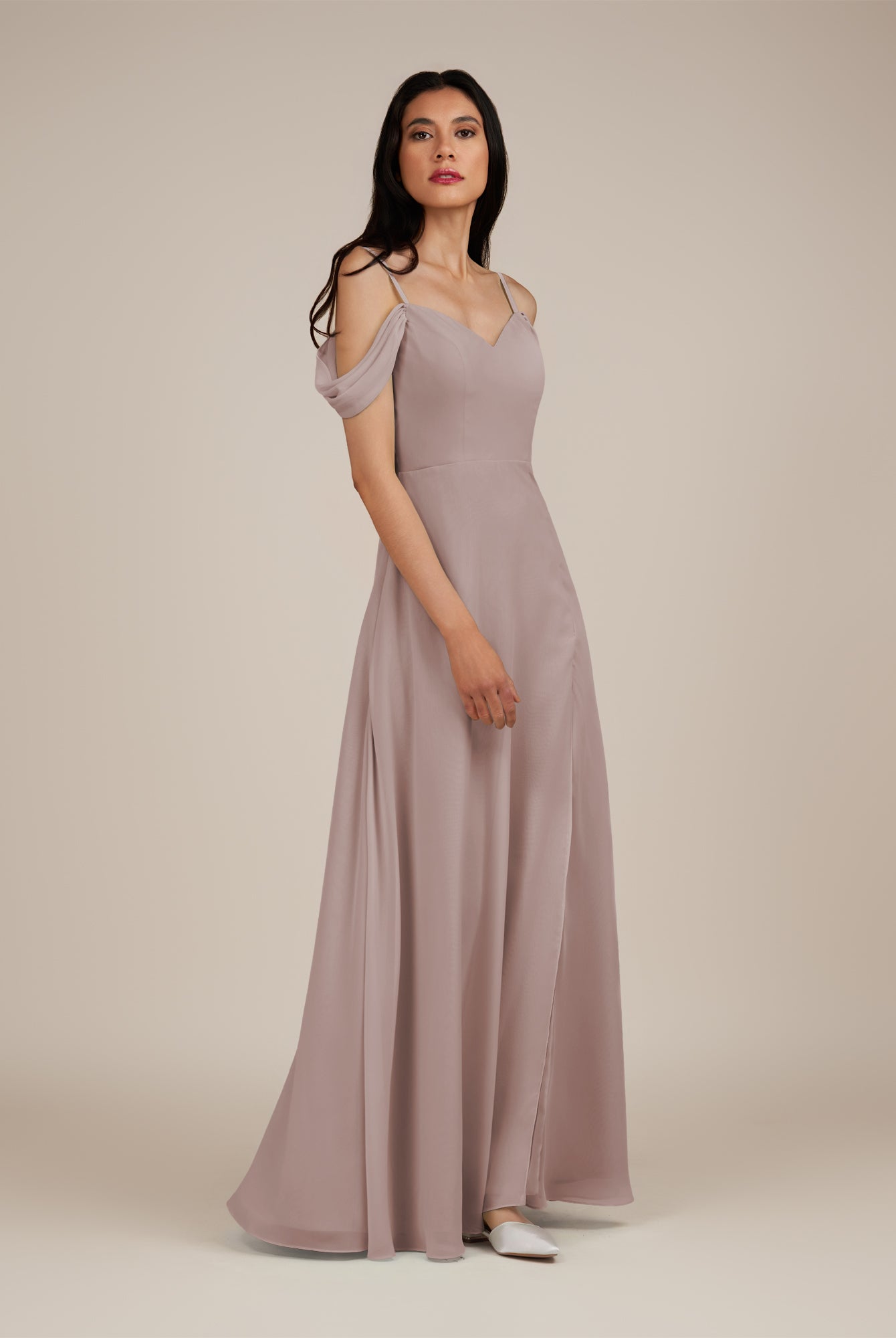 KissDress-Agate Toffee A Line Chiffon Off the Shoulder Long Bridesmaid Dress