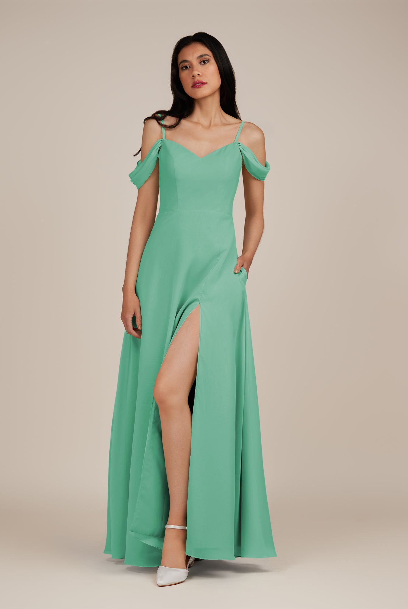 KissDress-Agate Turquoise A Line Chiffon Off the Shoulder Long Bridesmaid Dress