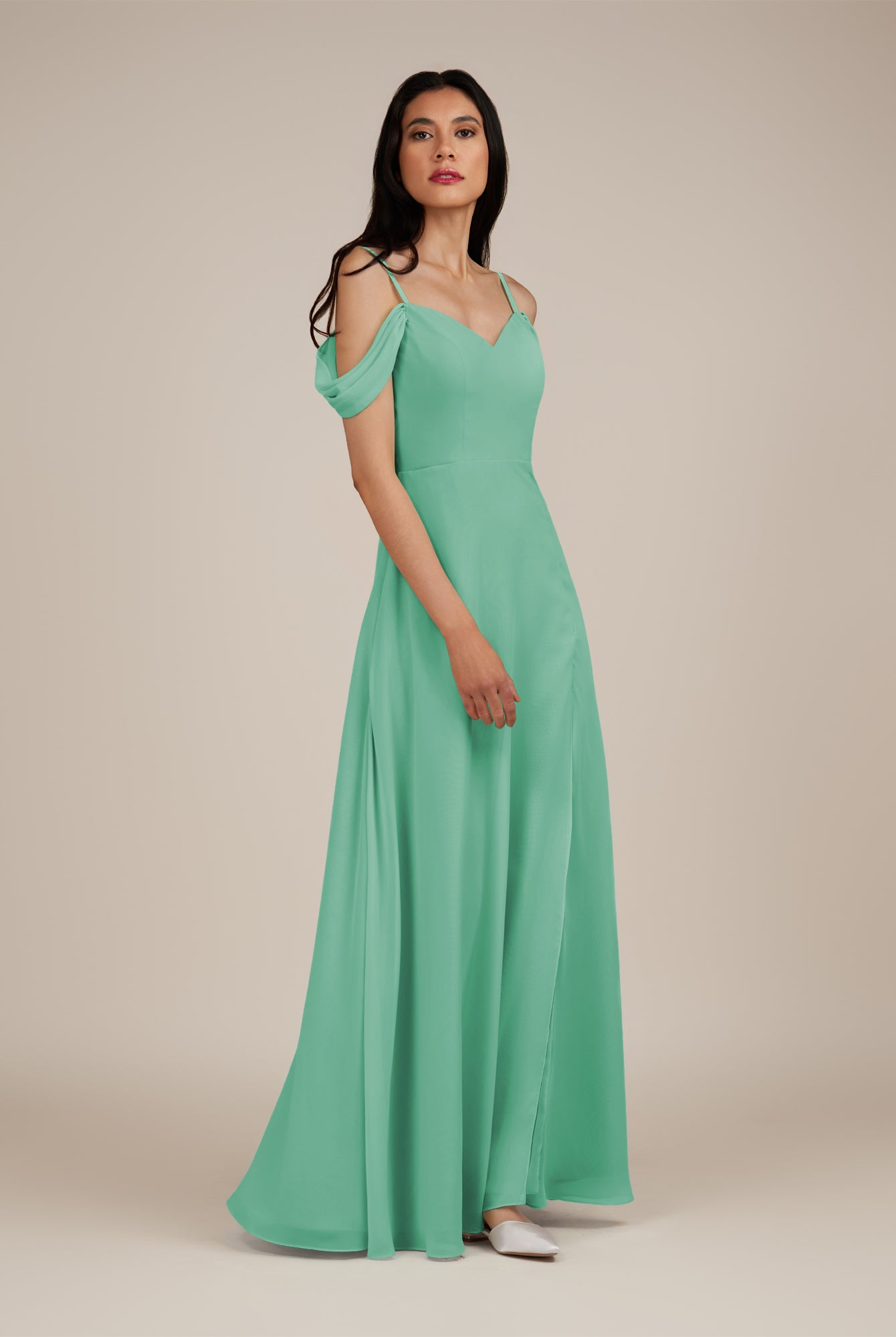 KissDress-Agate Turquoise A Line Chiffon Off the Shoulder Long Bridesmaid Dress