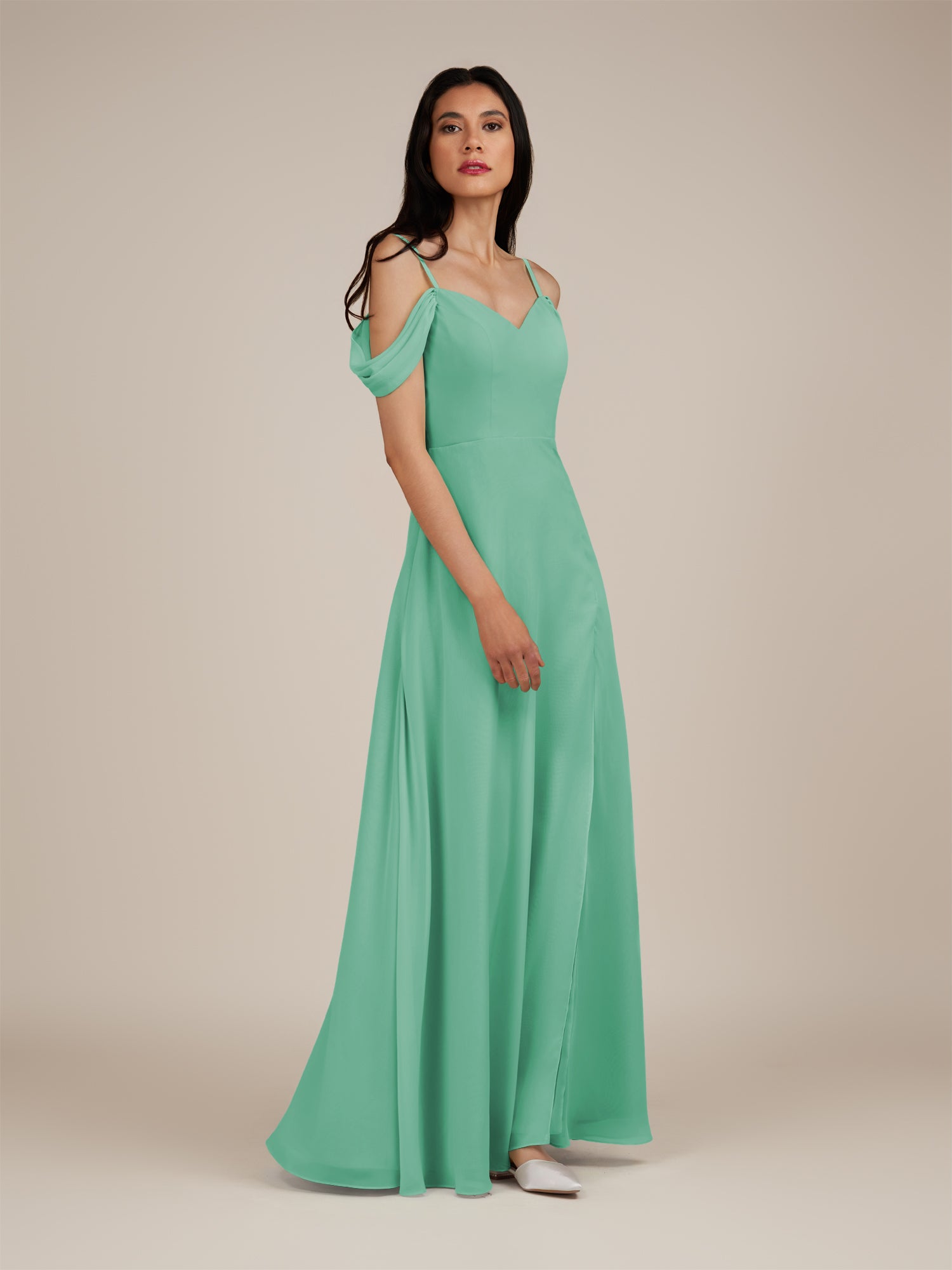 KissDress-Agate Turquoise A Line Chiffon Off the Shoulder Long Bridesmaid Dress