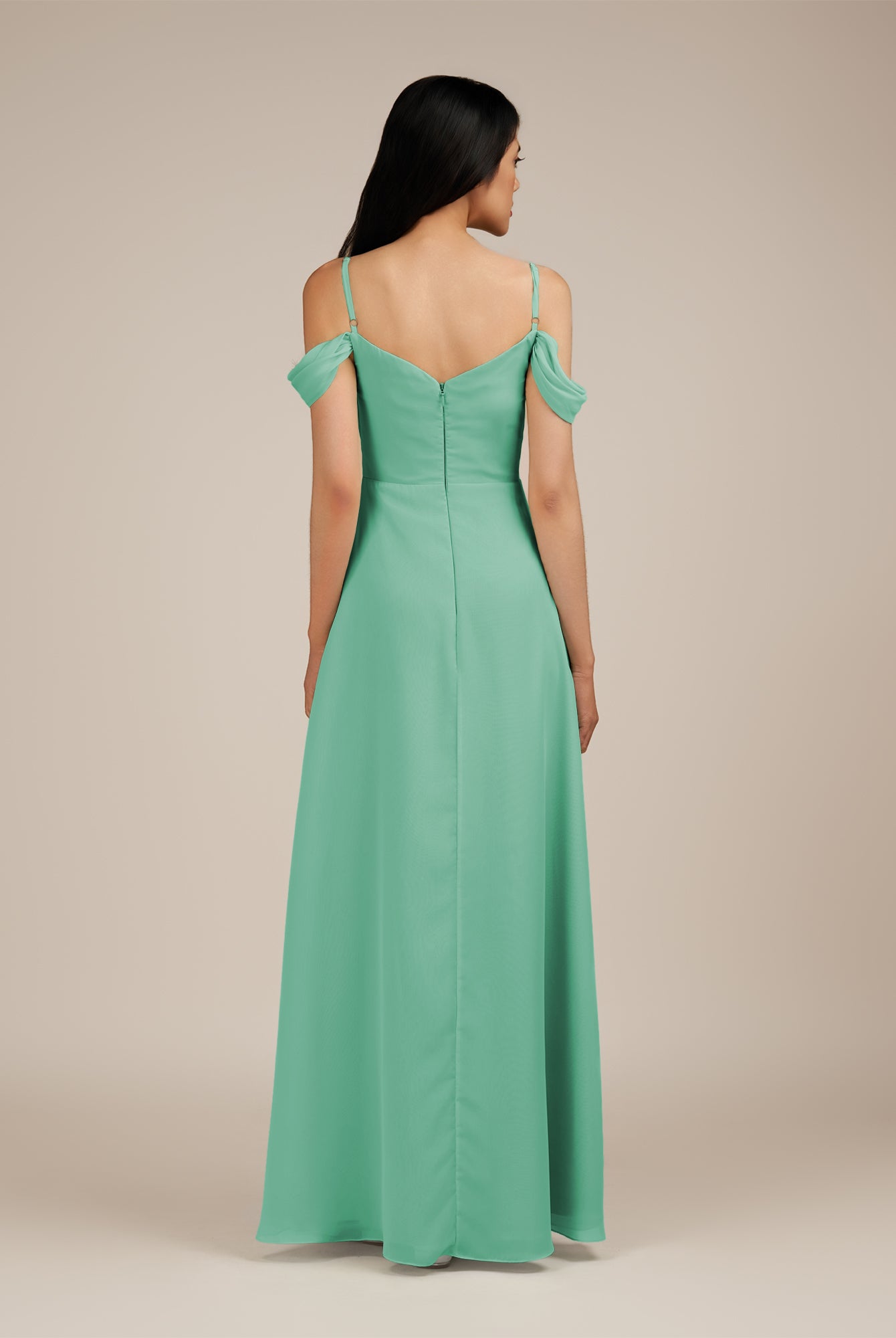 KissDress-Agate Turquoise A Line Chiffon Off the Shoulder Long Bridesmaid Dress