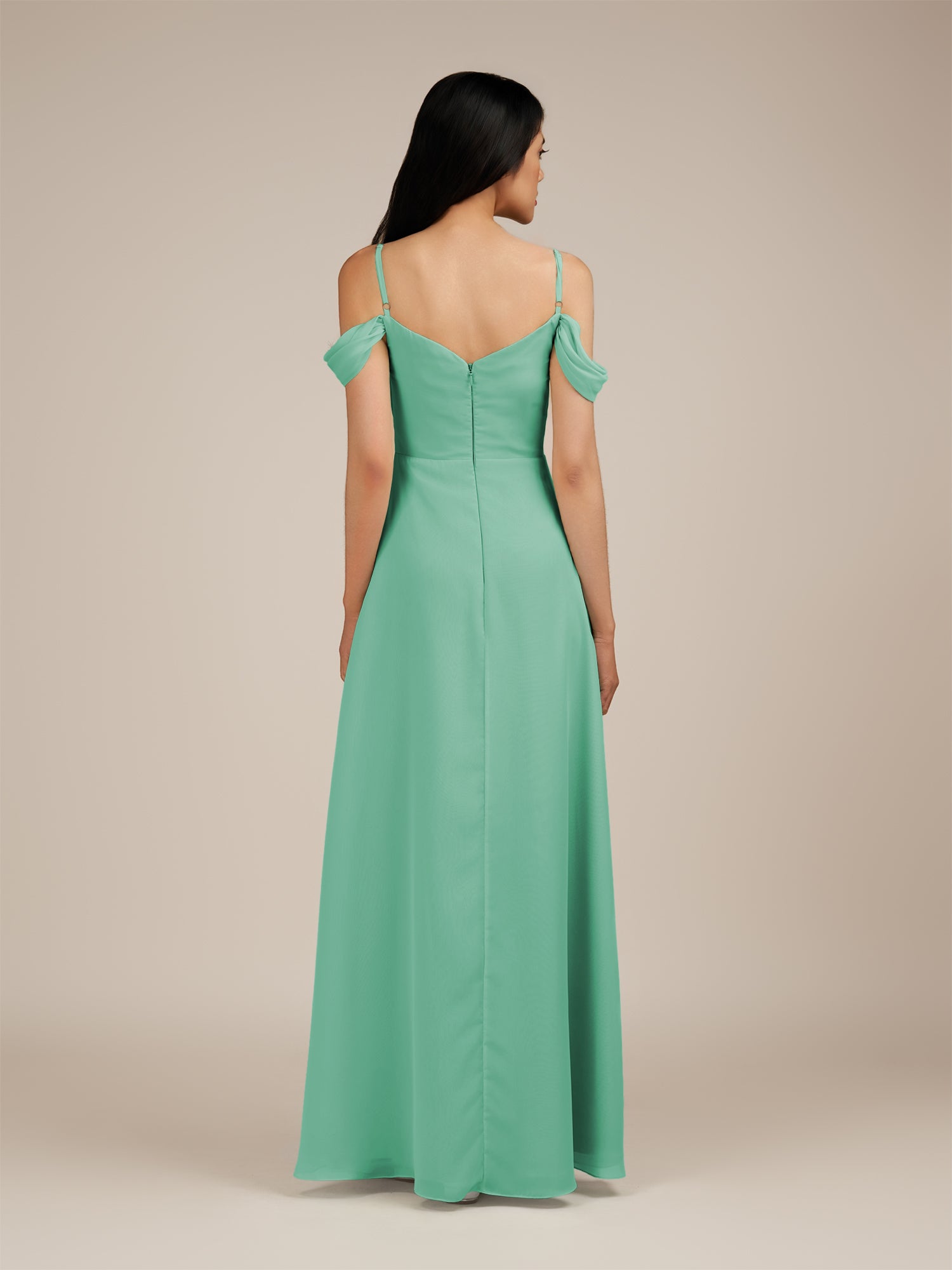 KissDress-Agate Turquoise A Line Chiffon Off the Shoulder Long Bridesmaid Dress