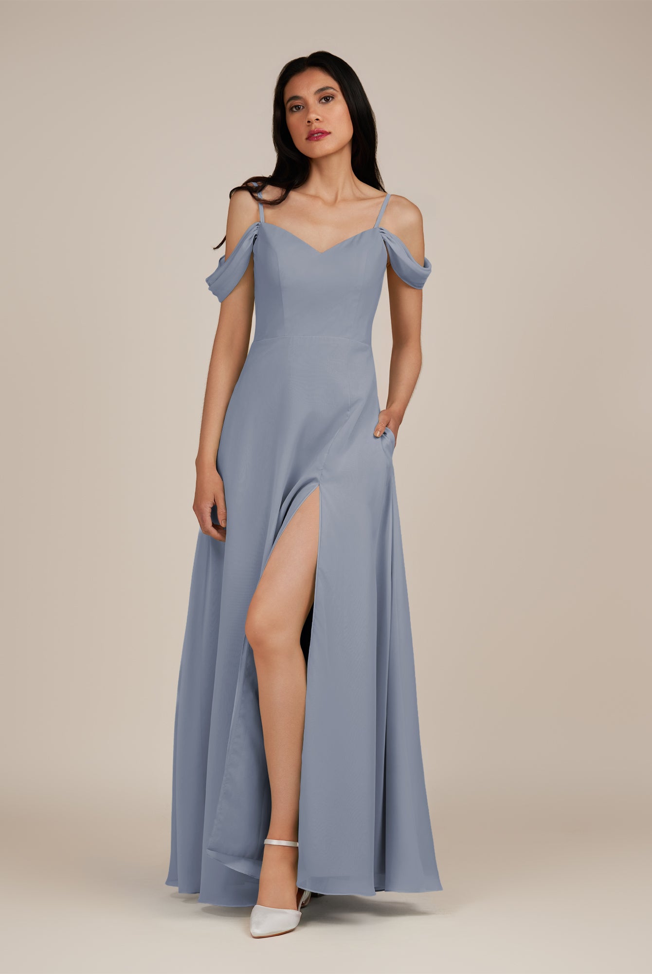 KissDress-Agate Twilight A Line Chiffon Off the Shoulder Long Bridesmaid Dress