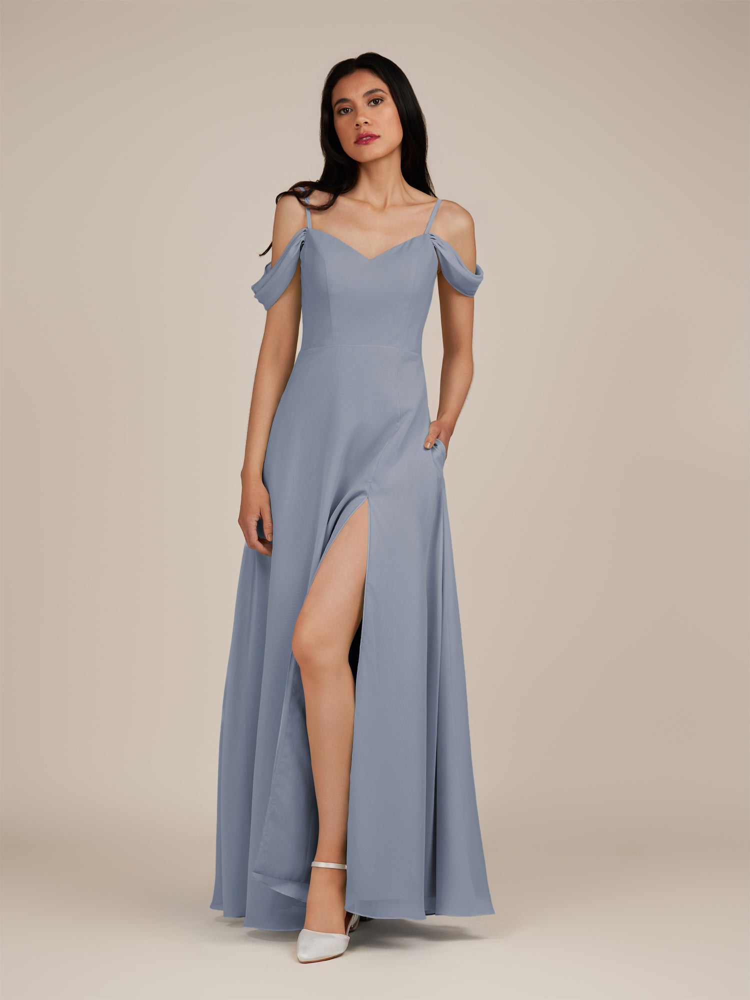 KissDress-Agate Twilight A Line Chiffon Off the Shoulder Long Bridesmaid Dress