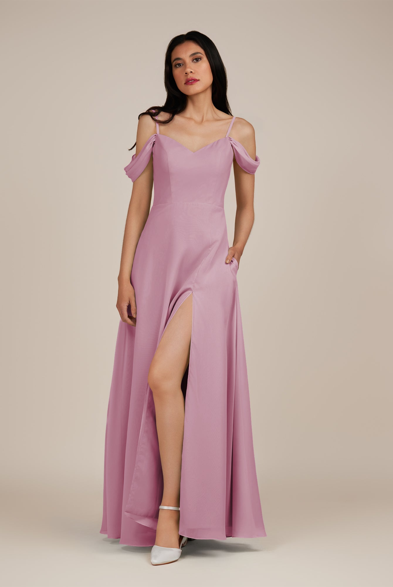 KissDress-Agate Vintage Mauve A Line Chiffon Off the Shoulder Long Bridesmaid Dress