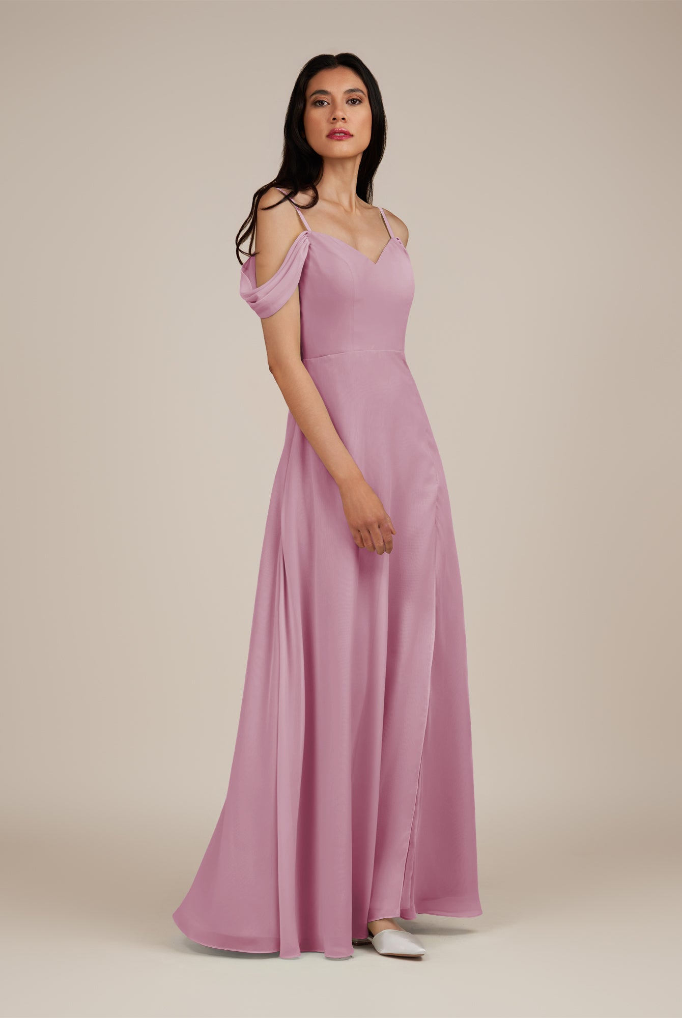 KissDress-Agate Vintage Mauve A Line Chiffon Off the Shoulder Long Bridesmaid Dress