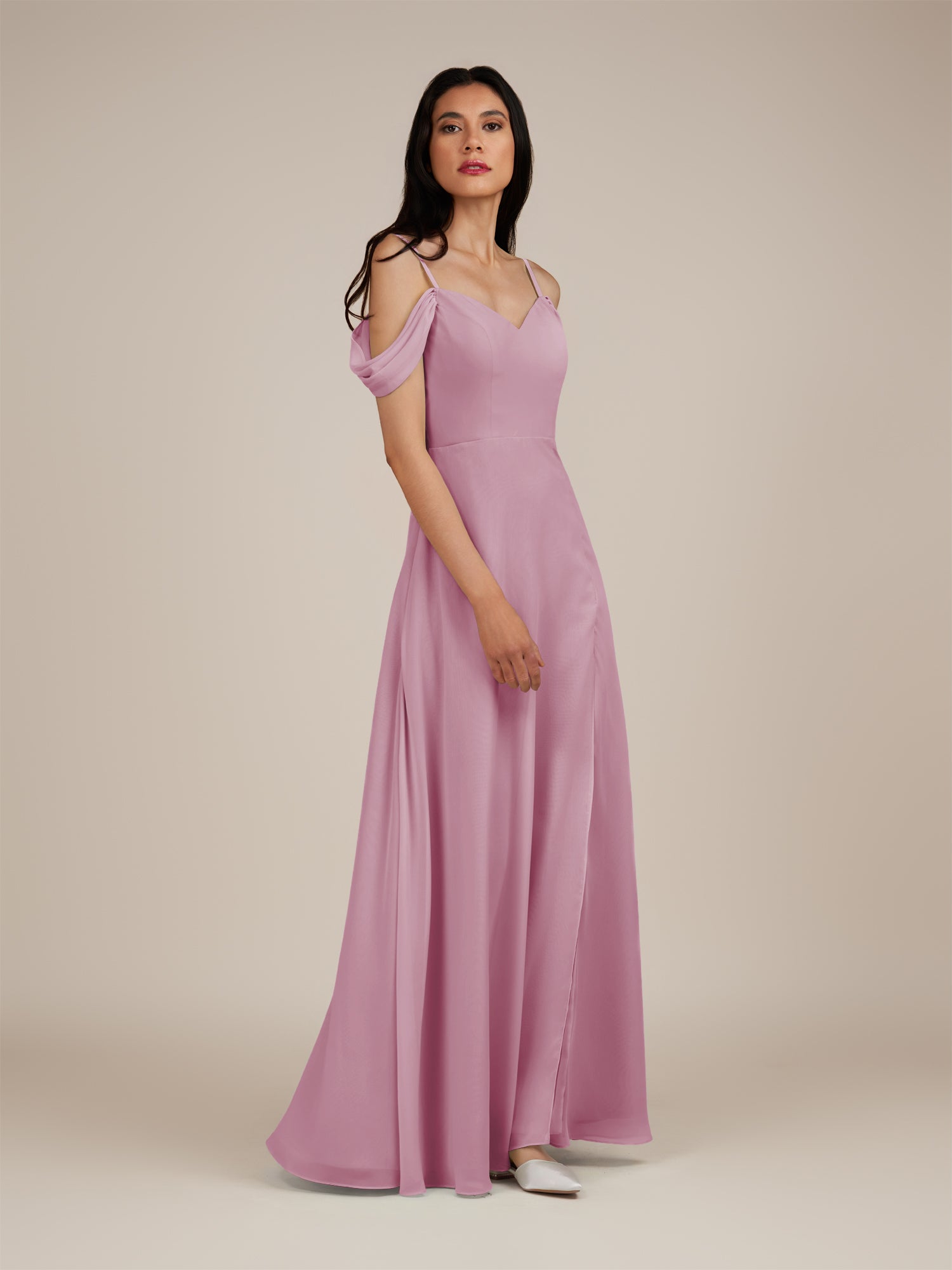 KissDress-Agate Vintage Mauve A Line Chiffon Off the Shoulder Long Bridesmaid Dress