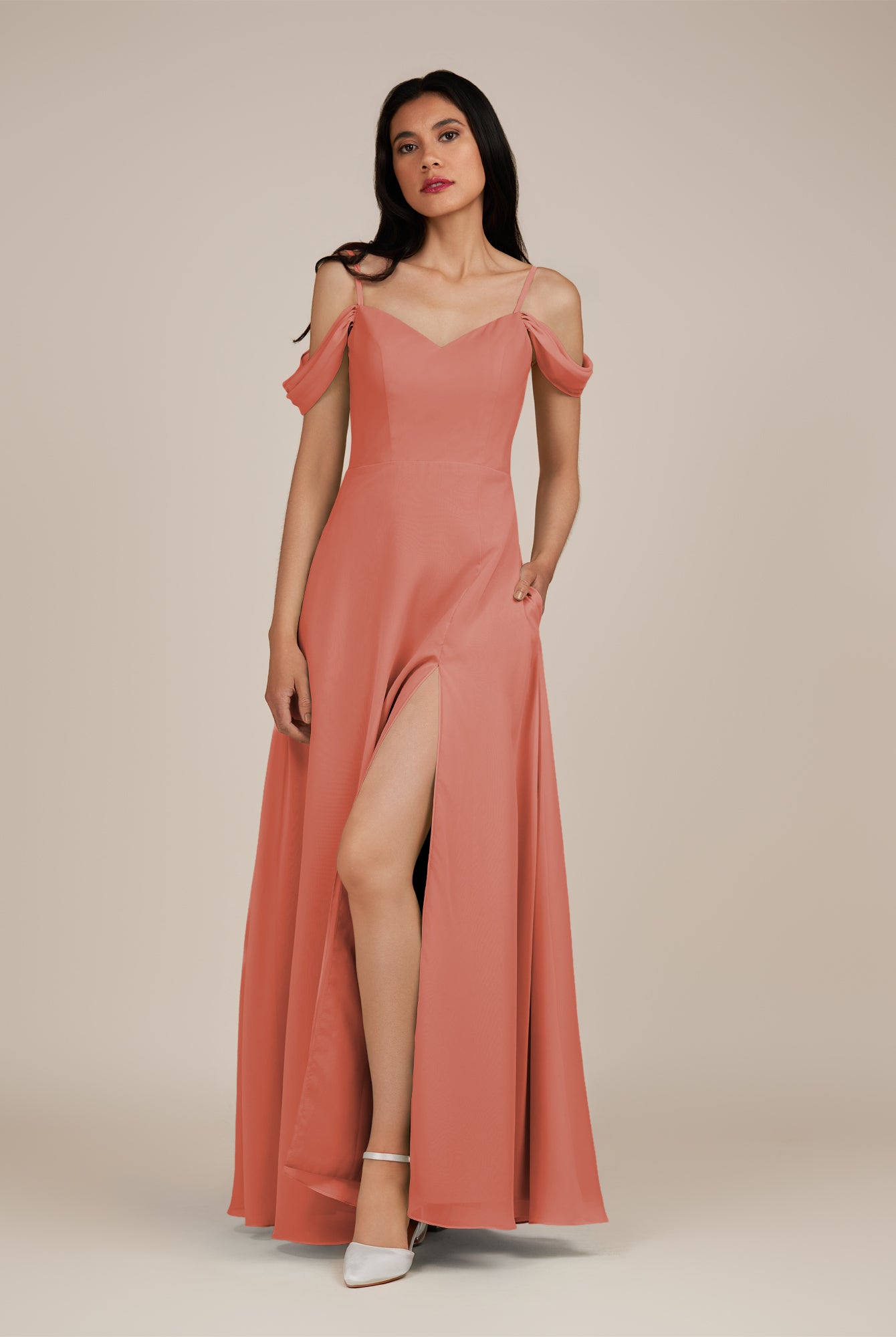 KissDress-Agate Wild Rose A Line Chiffon Off the Shoulder Long Bridesmaid Dress