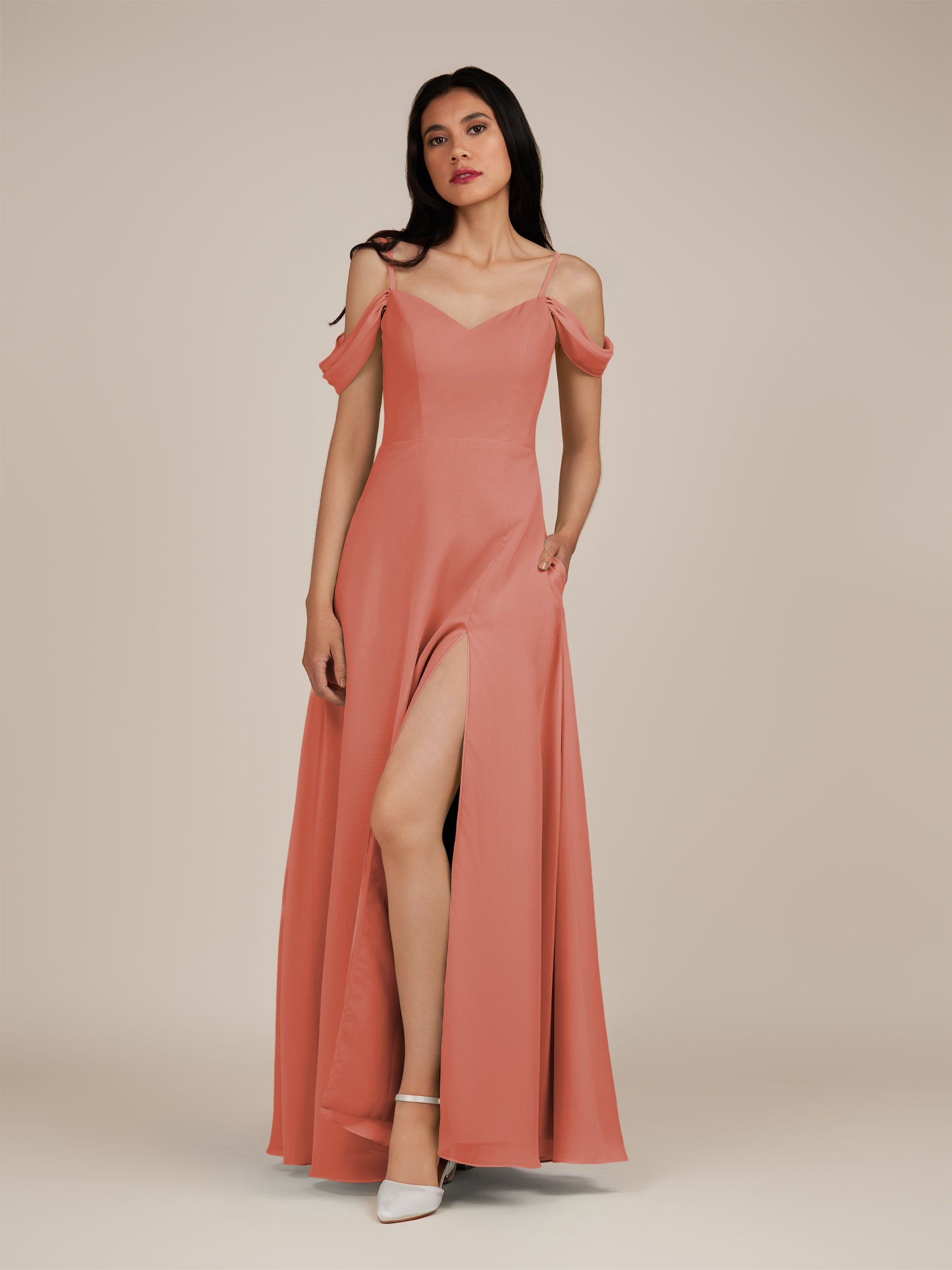 KissDress-Agate Wild Rose A Line Chiffon Off the Shoulder Long Bridesmaid Dress