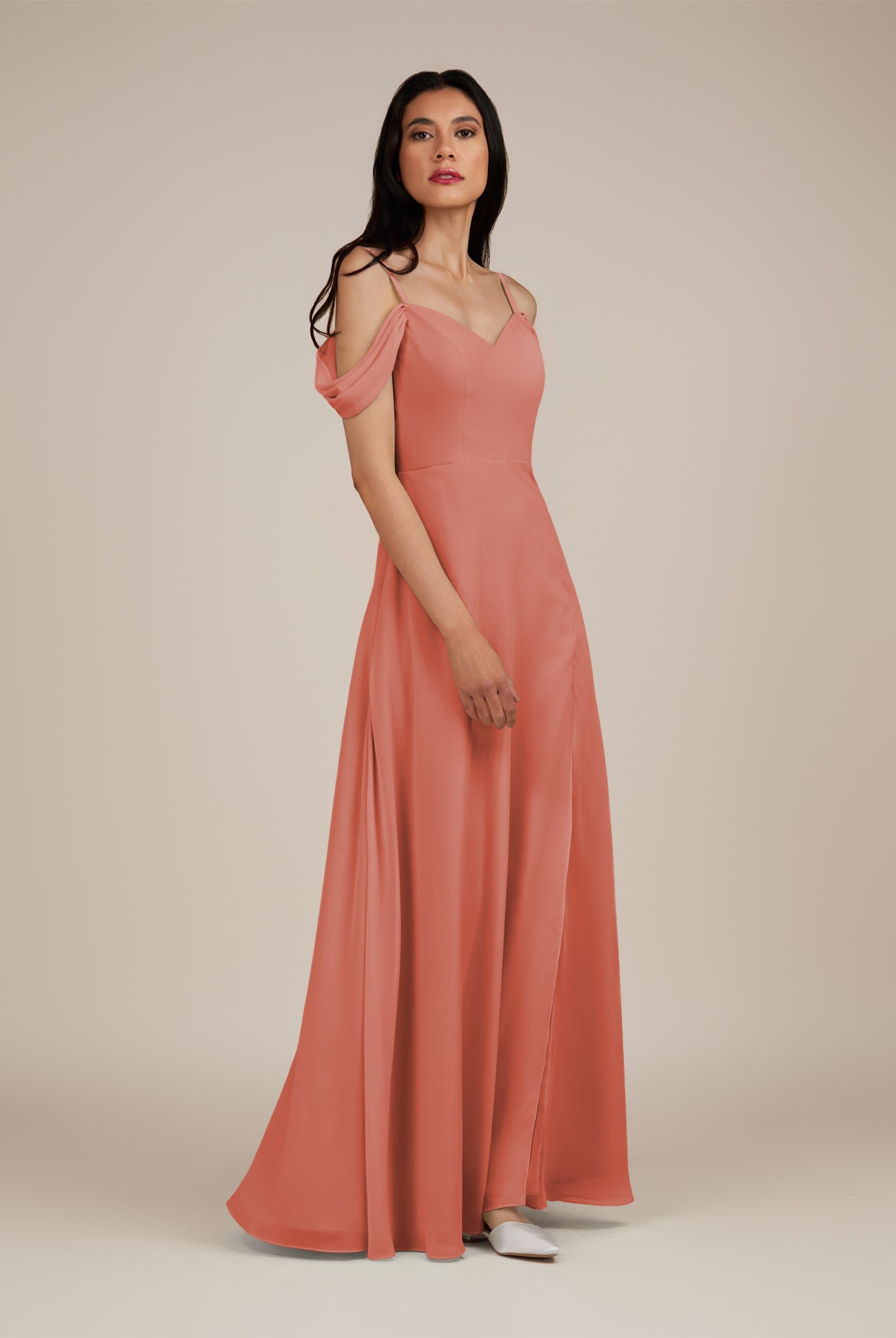 KissDress-Agate Wild Rose A Line Chiffon Off the Shoulder Long Bridesmaid Dress