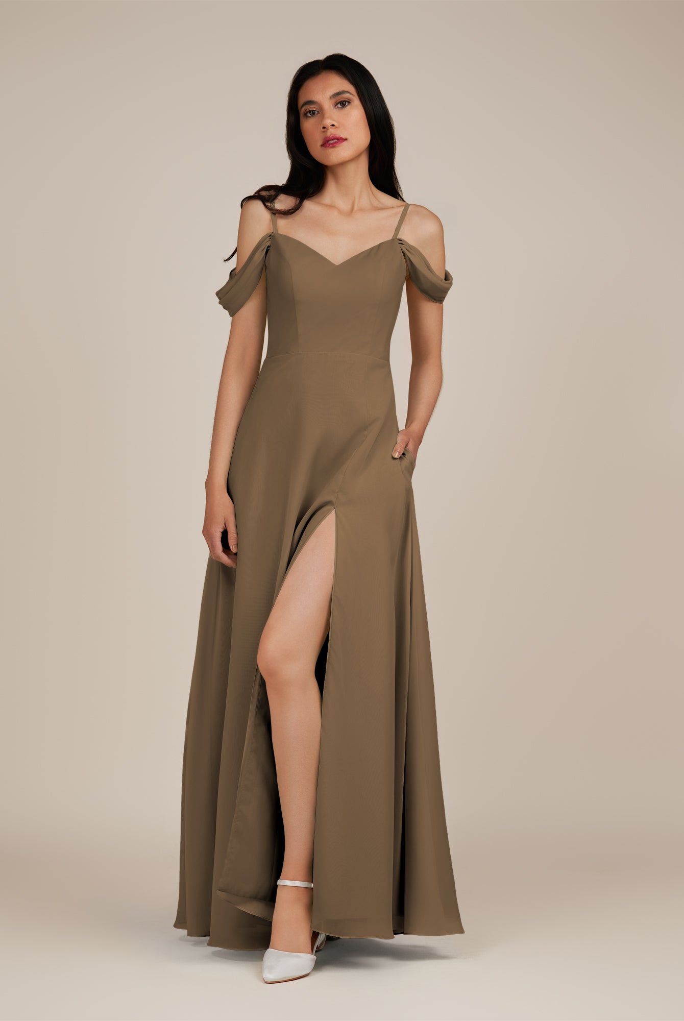 KissDress-Agate Willow Green A Line Chiffon Off the Shoulder Long Bridesmaid Dress