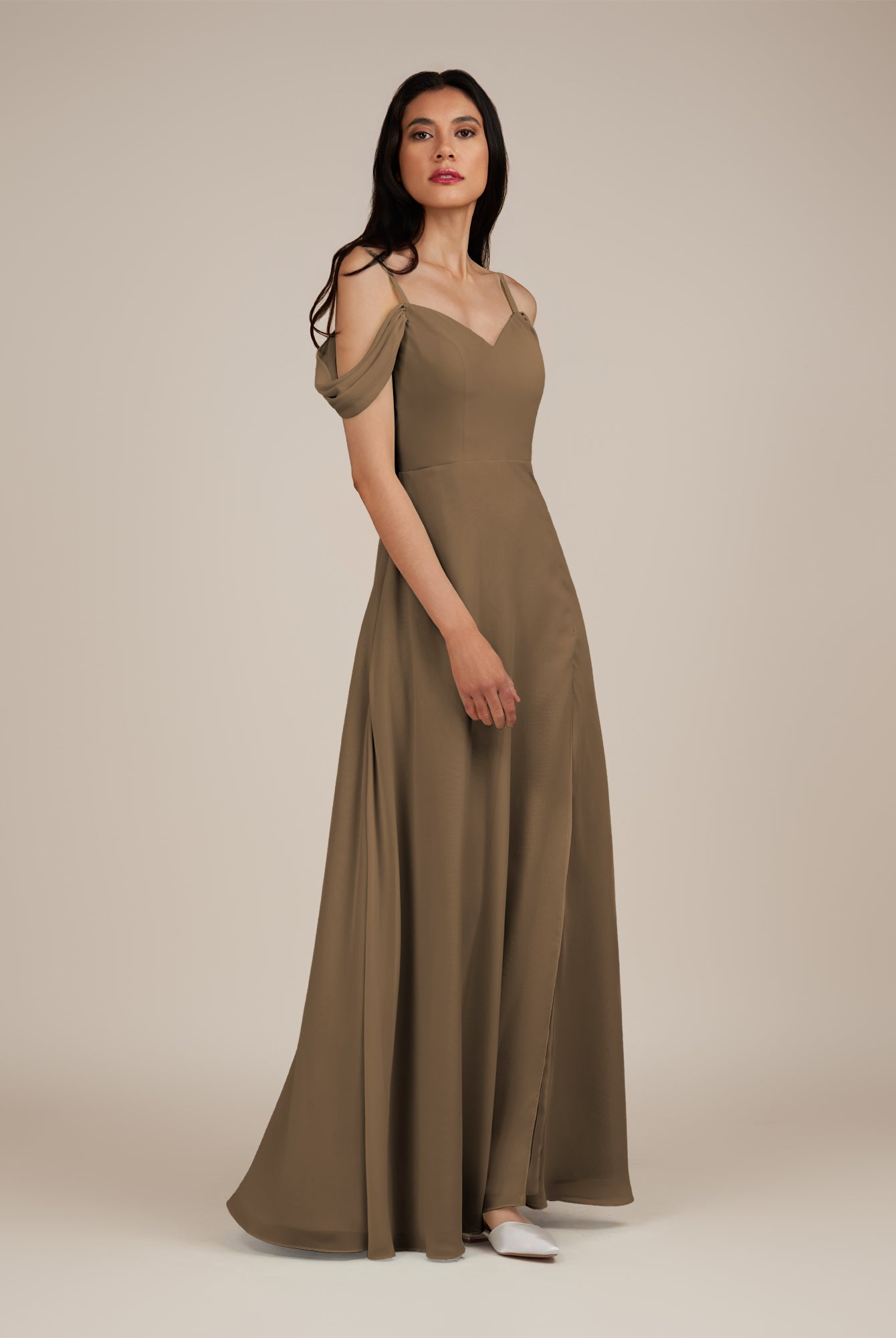 KissDress-Agate Willow Green A Line Chiffon Off the Shoulder Long Bridesmaid Dress