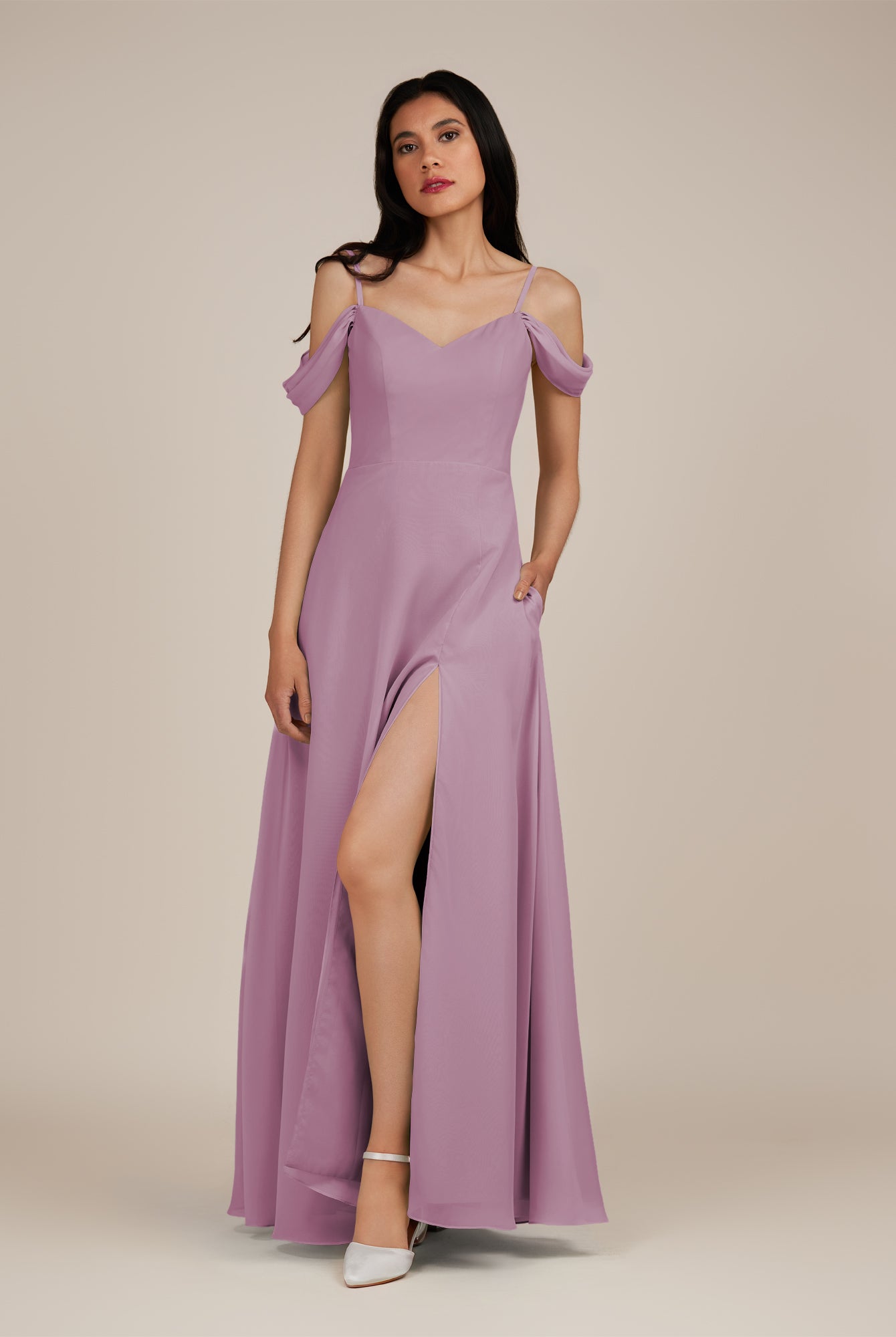 KissDress-Agate Wisteria A Line Chiffon Off the Shoulder Long Bridesmaid Dress
