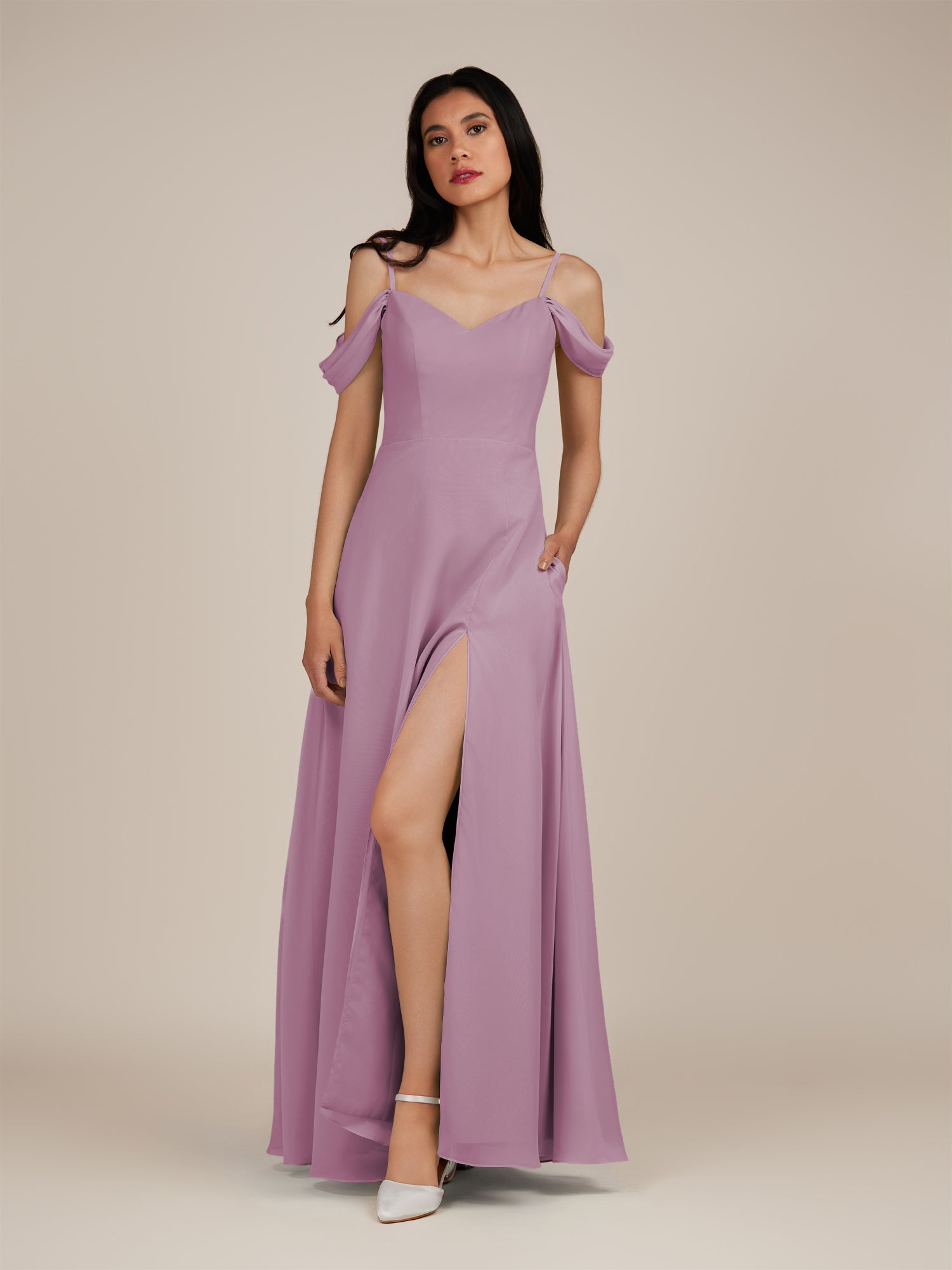 KissDress-Agate Wisteria A Line Chiffon Off the Shoulder Long Bridesmaid Dress