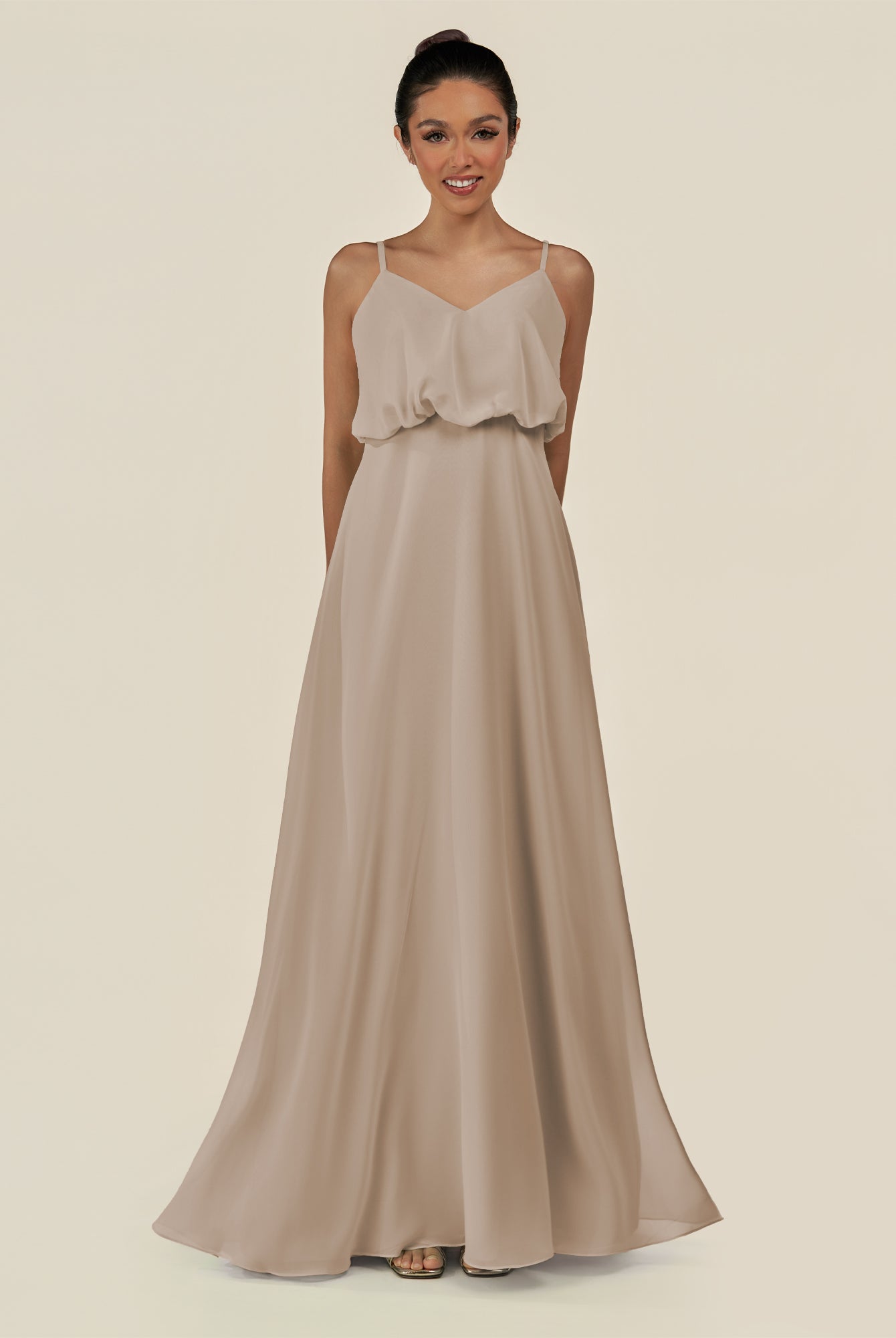 KissDress-Alix Almond A Line Chiffon V Neck Ruffled Overlay Long Bridesmaid Dress