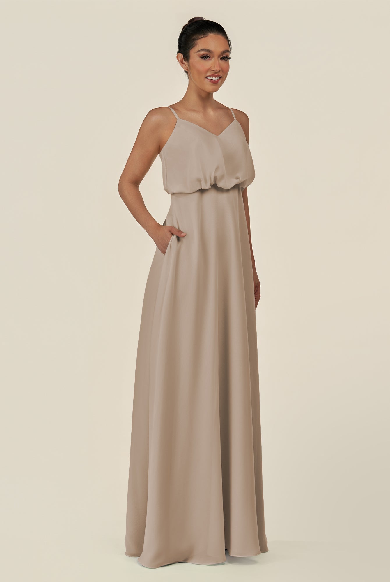 KissDress-Alix Almond A Line Chiffon V Neck Ruffled Overlay Long Bridesmaid Dress