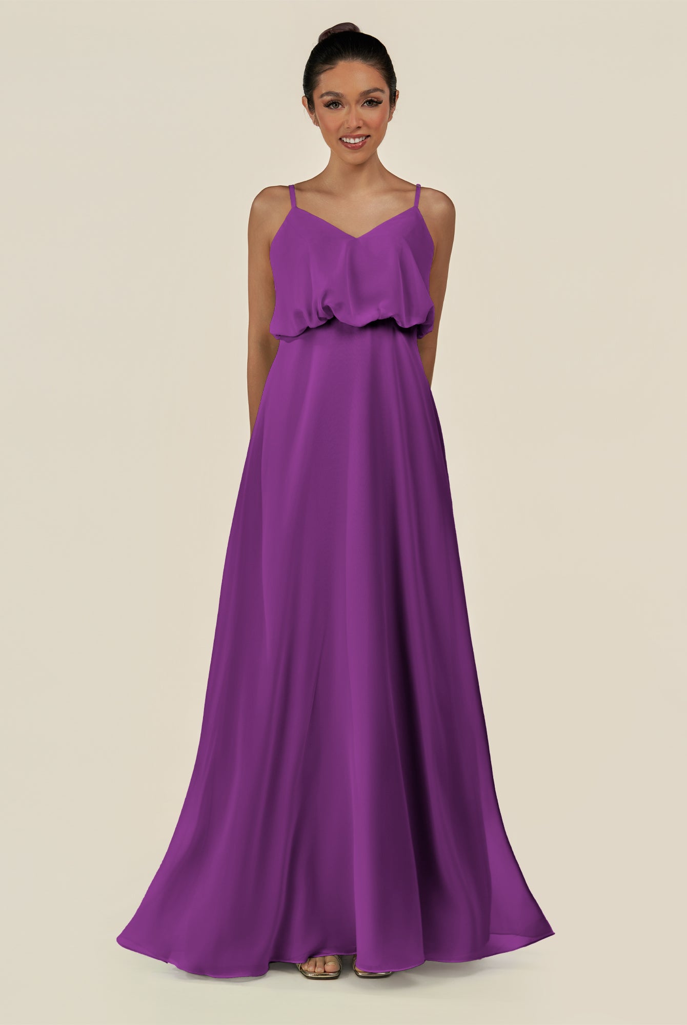KissDress-Alix Amethyst A Line Chiffon V Neck Ruffled Overlay Long Bridesmaid Dress