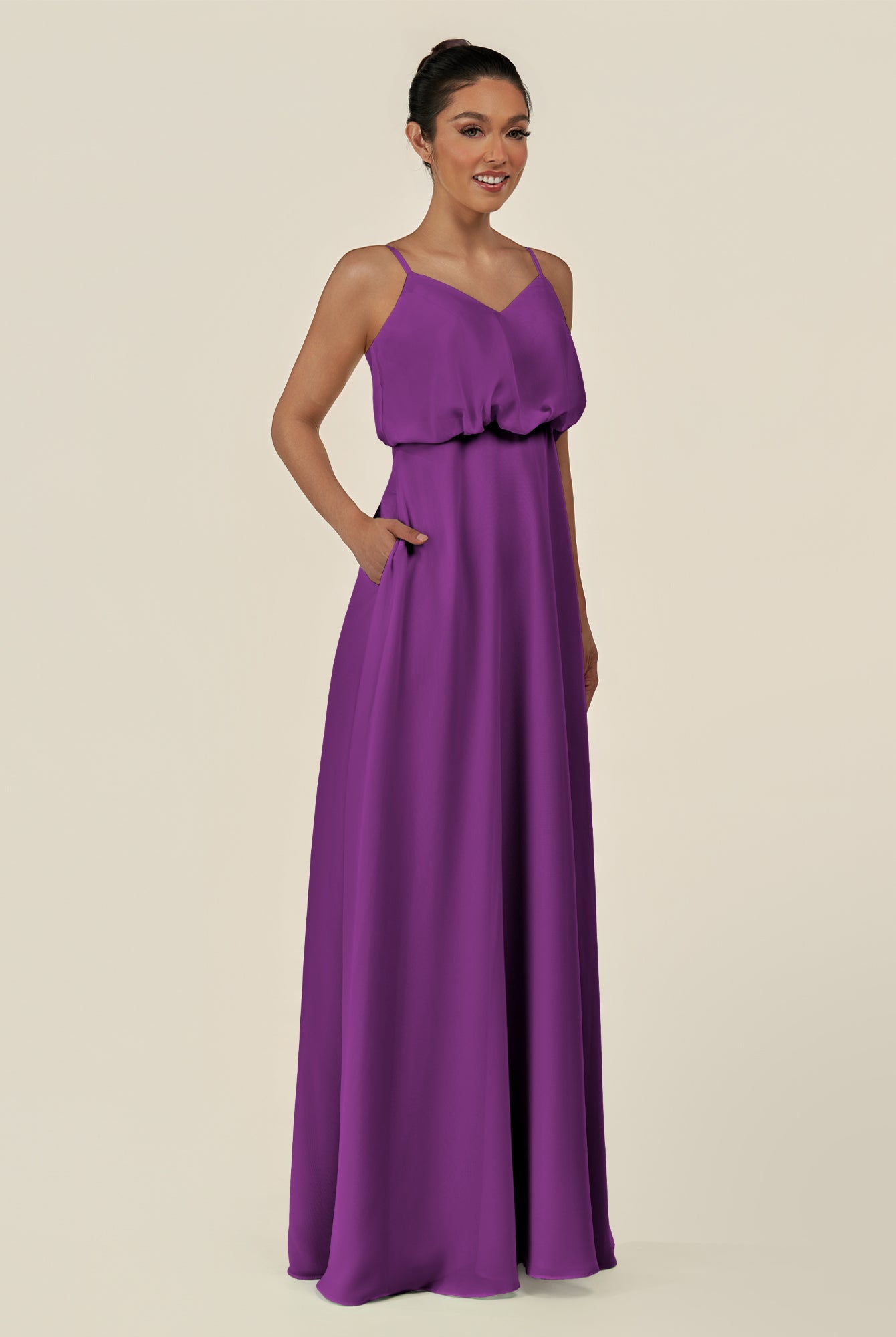 KissDress-Alix Amethyst A Line Chiffon V Neck Ruffled Overlay Long Bridesmaid Dress