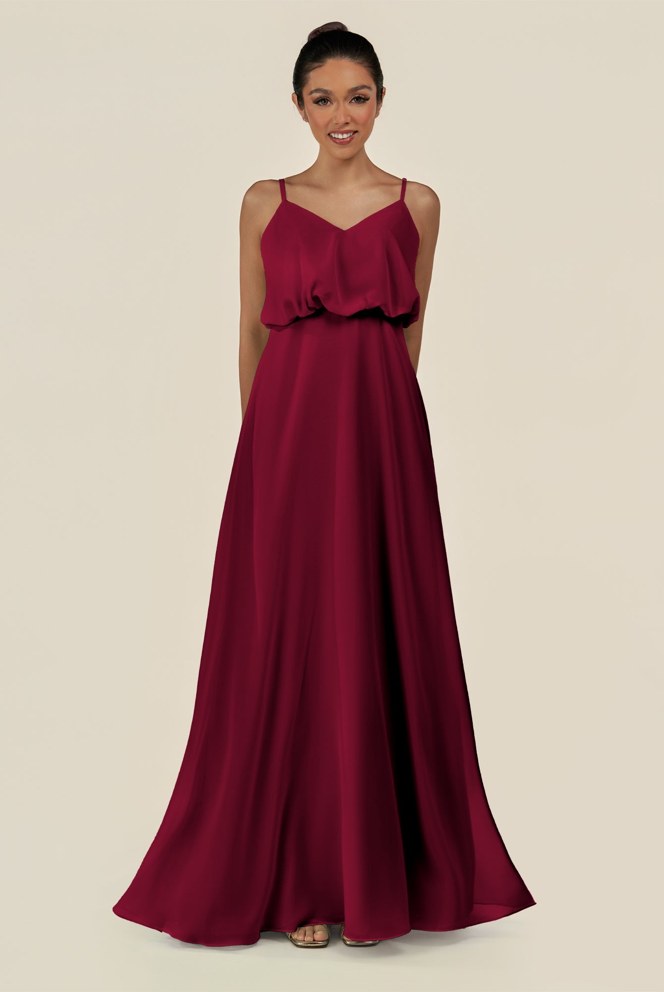 KissDress-Alix Berry A Line Chiffon V Neck Ruffled Overlay Long Bridesmaid Dress